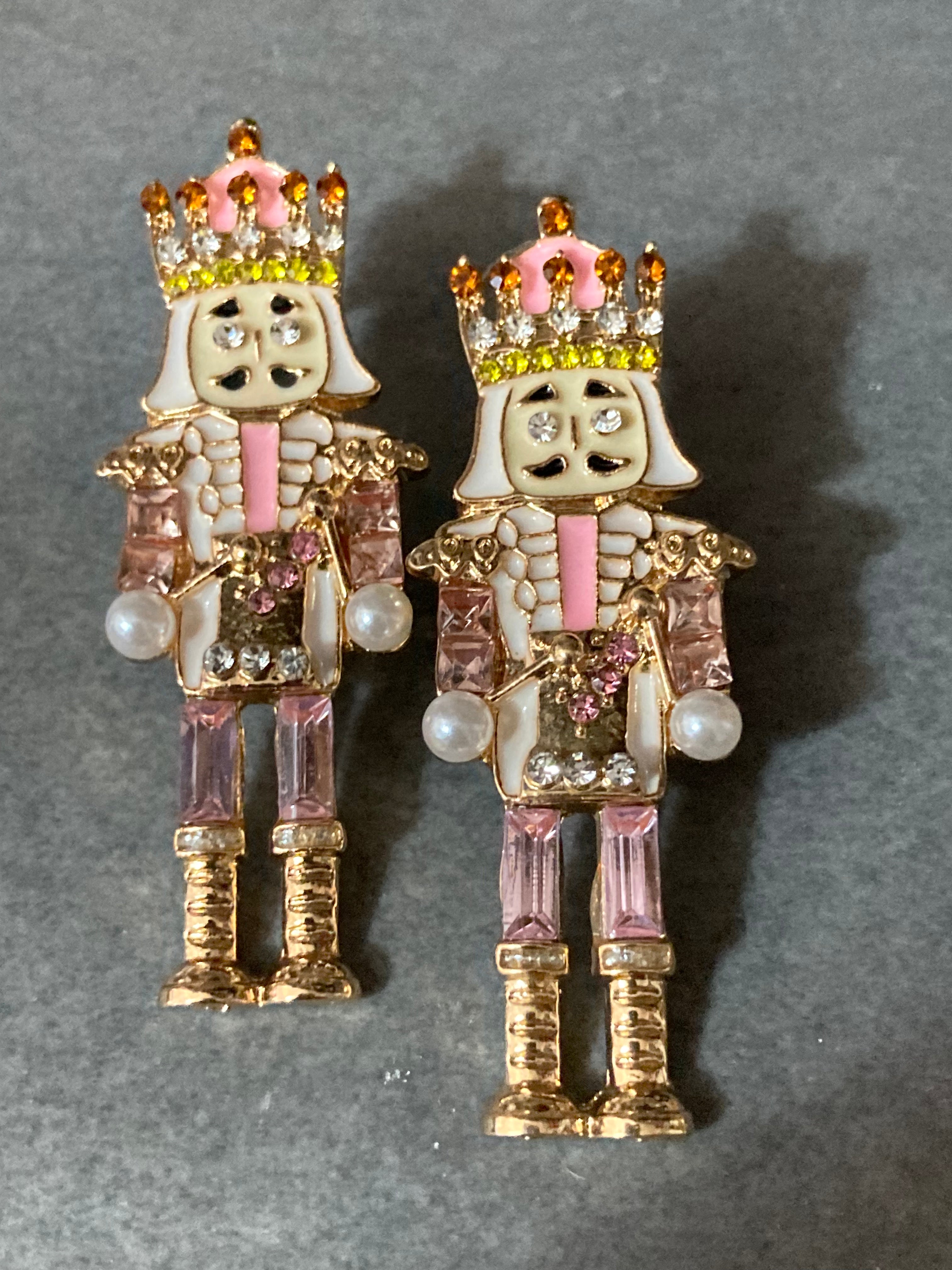 Christmas baby pink pearl and diamanté nutcracker man soldier earrings