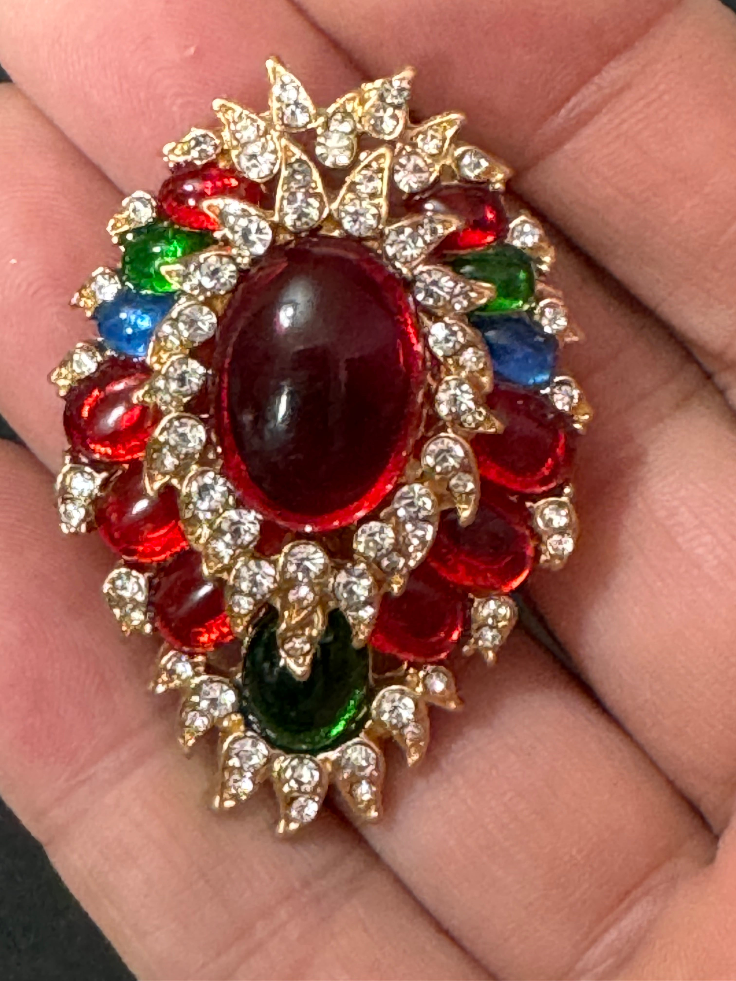 Large diamanté red green blue oval cabochon brooch Gripoix style