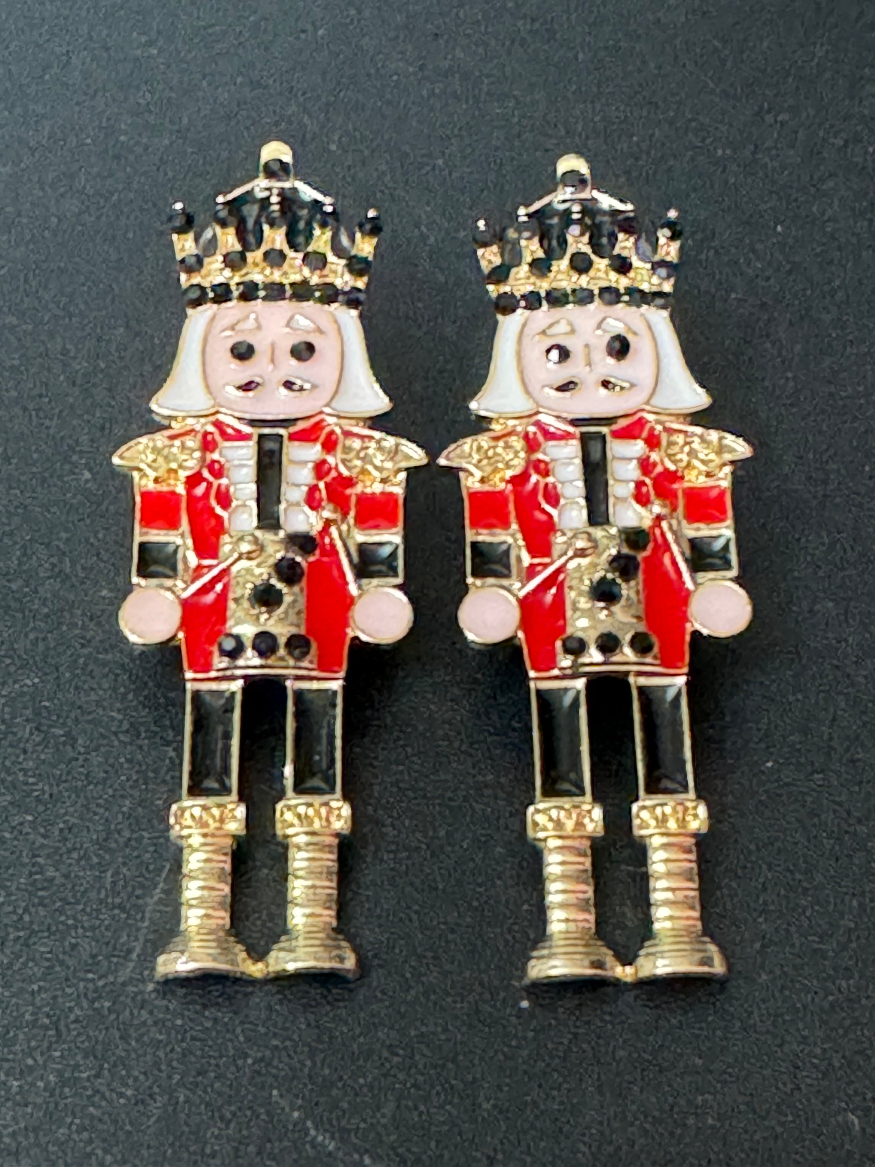 Traditional Christmas red and black enamel nutcracker man soldier earrings oversized