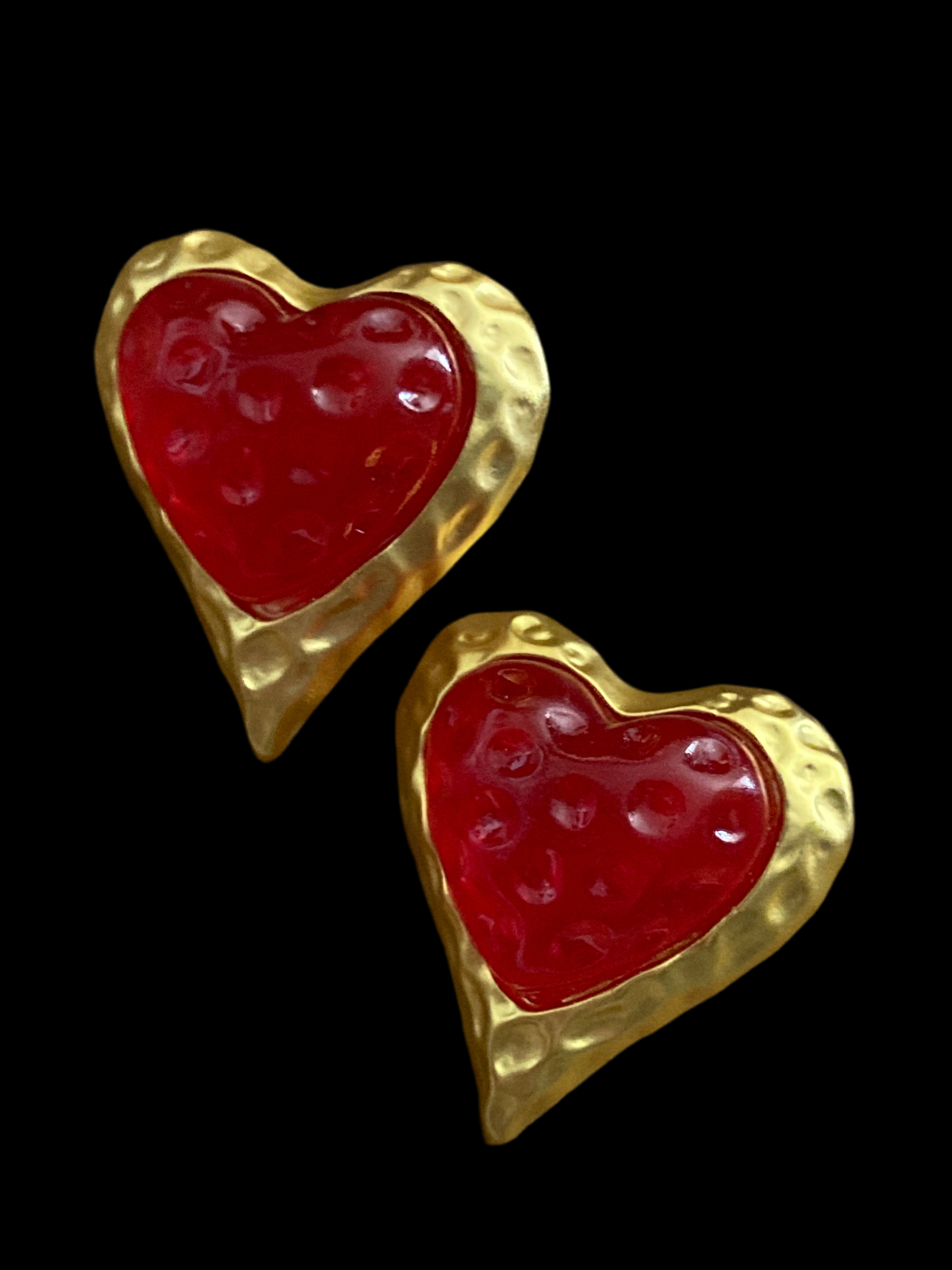 Ruby red bubble love heart earrings gold tone