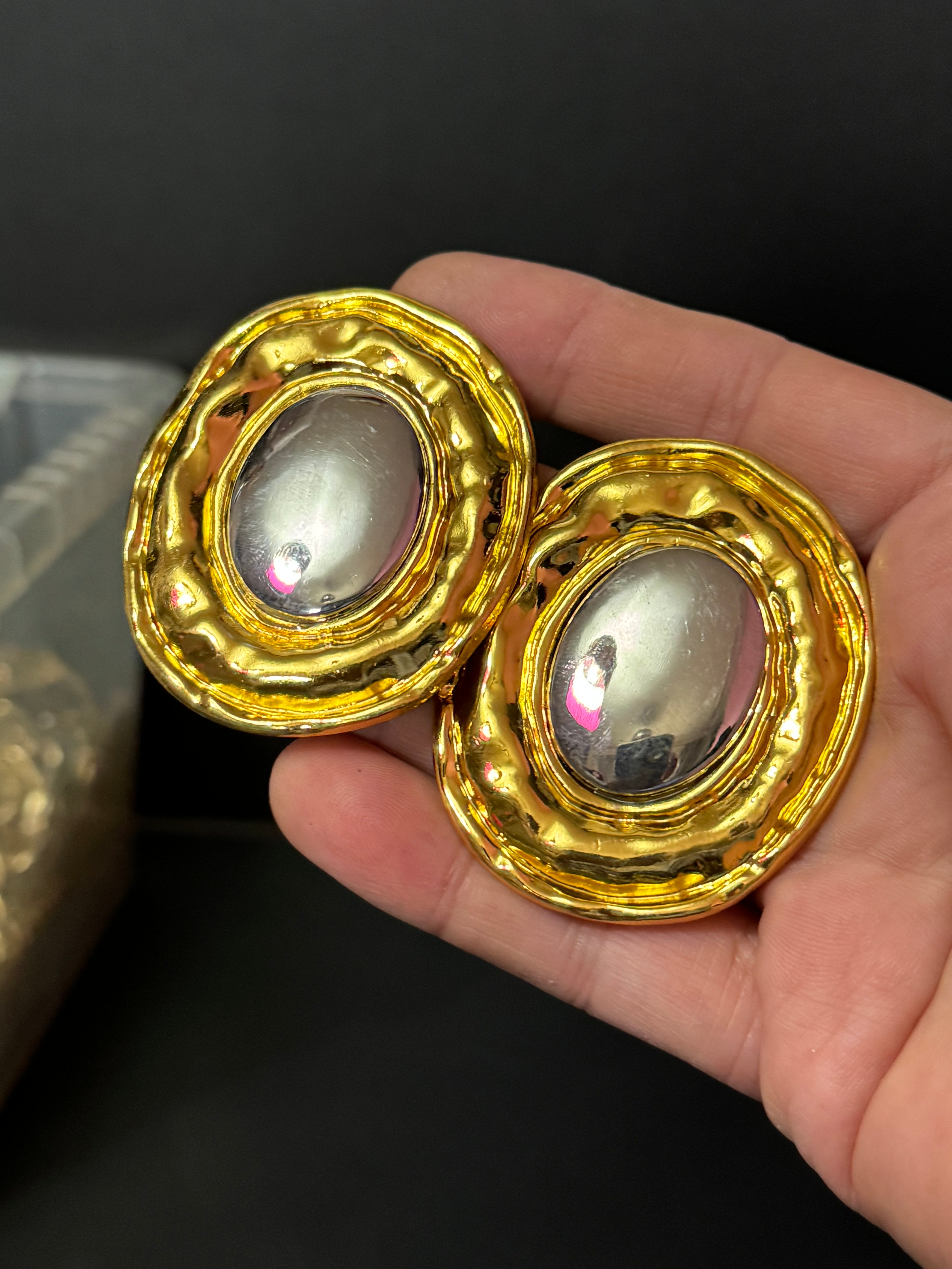 Oversized huge gold and silver tone statement Textured oval pierced stud earrings