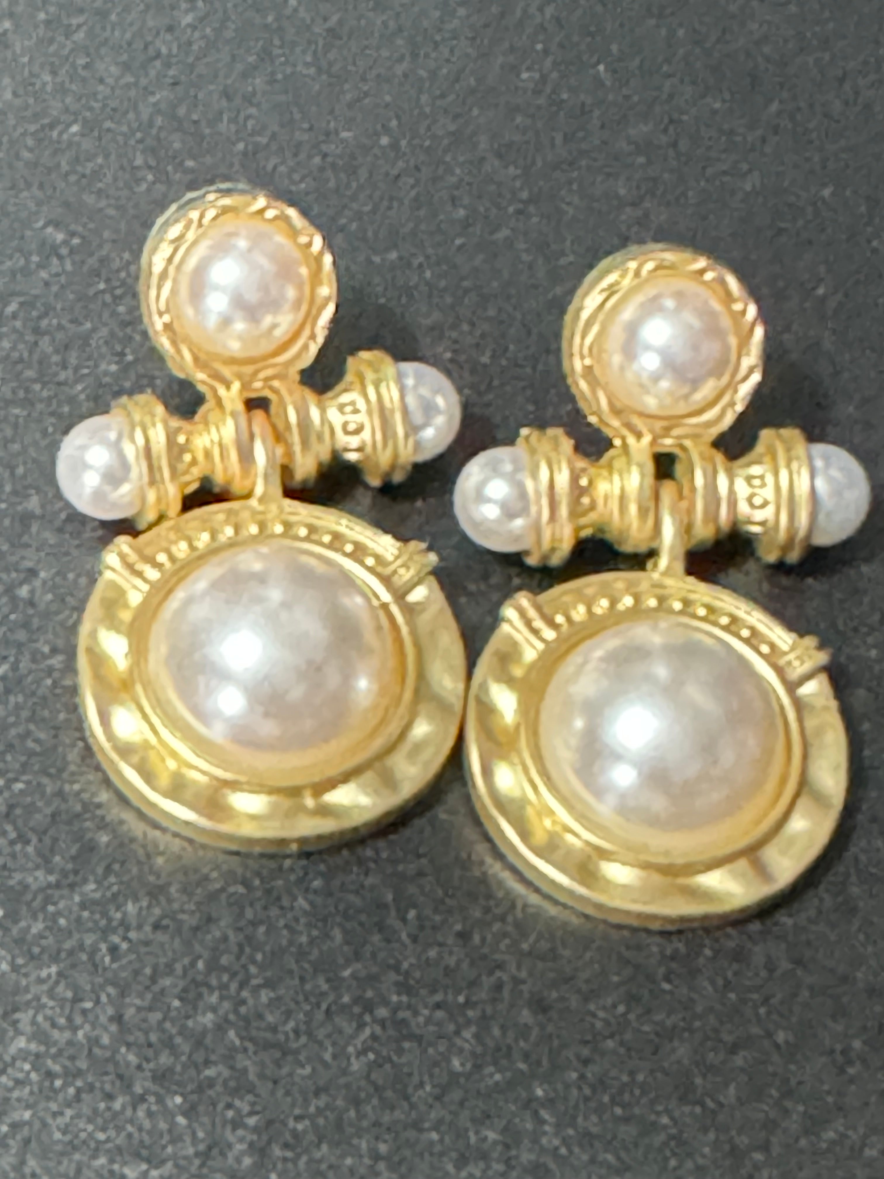 Etruscan style gold pearl cabochon drop pierced earrings