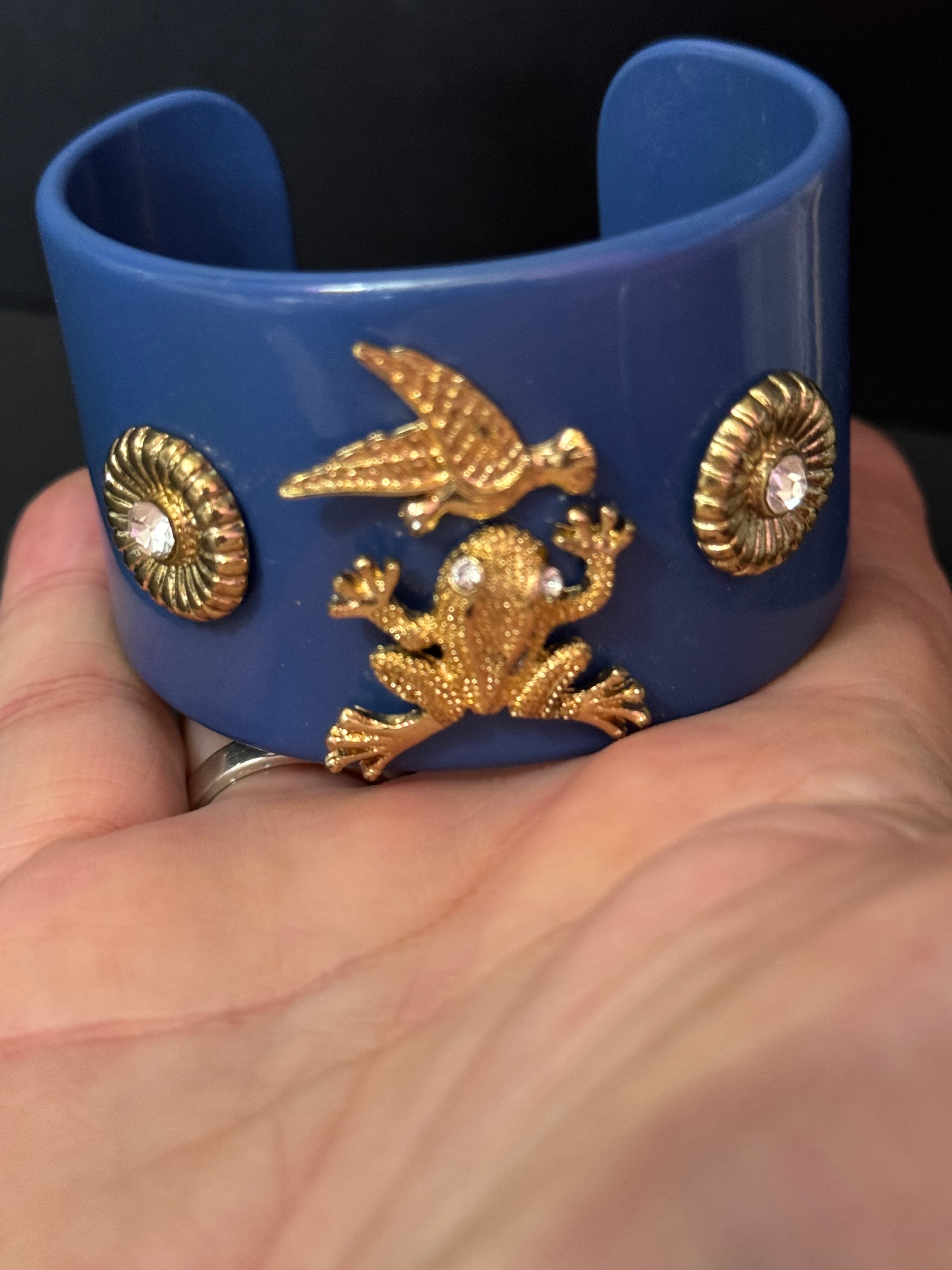 Gold crystal frog ornate Navy blue wide acrylic cuff bangle