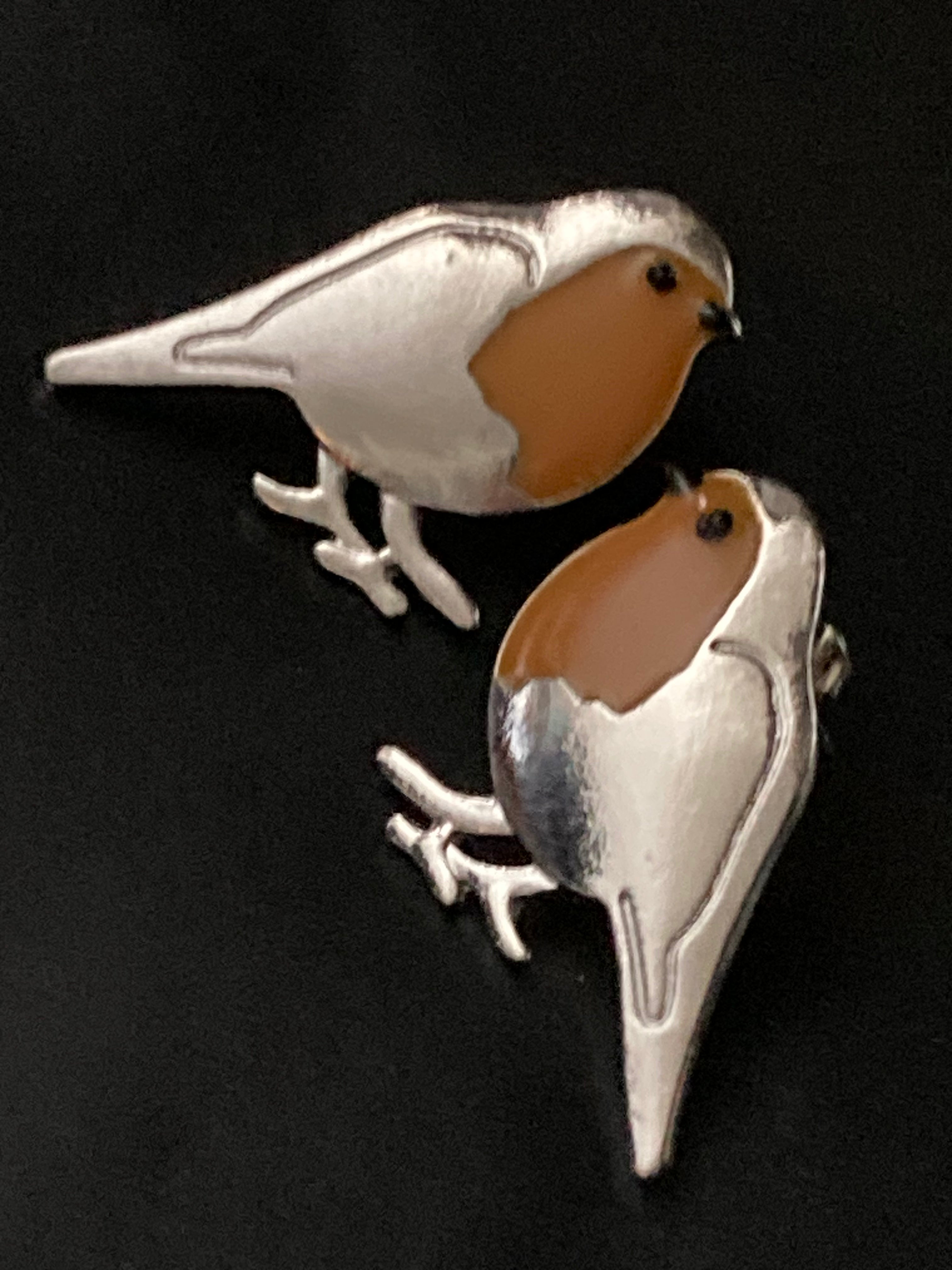 Large Robin earrings redbreast silver tone studs 3.5 cm red orange enamel for pierced ears