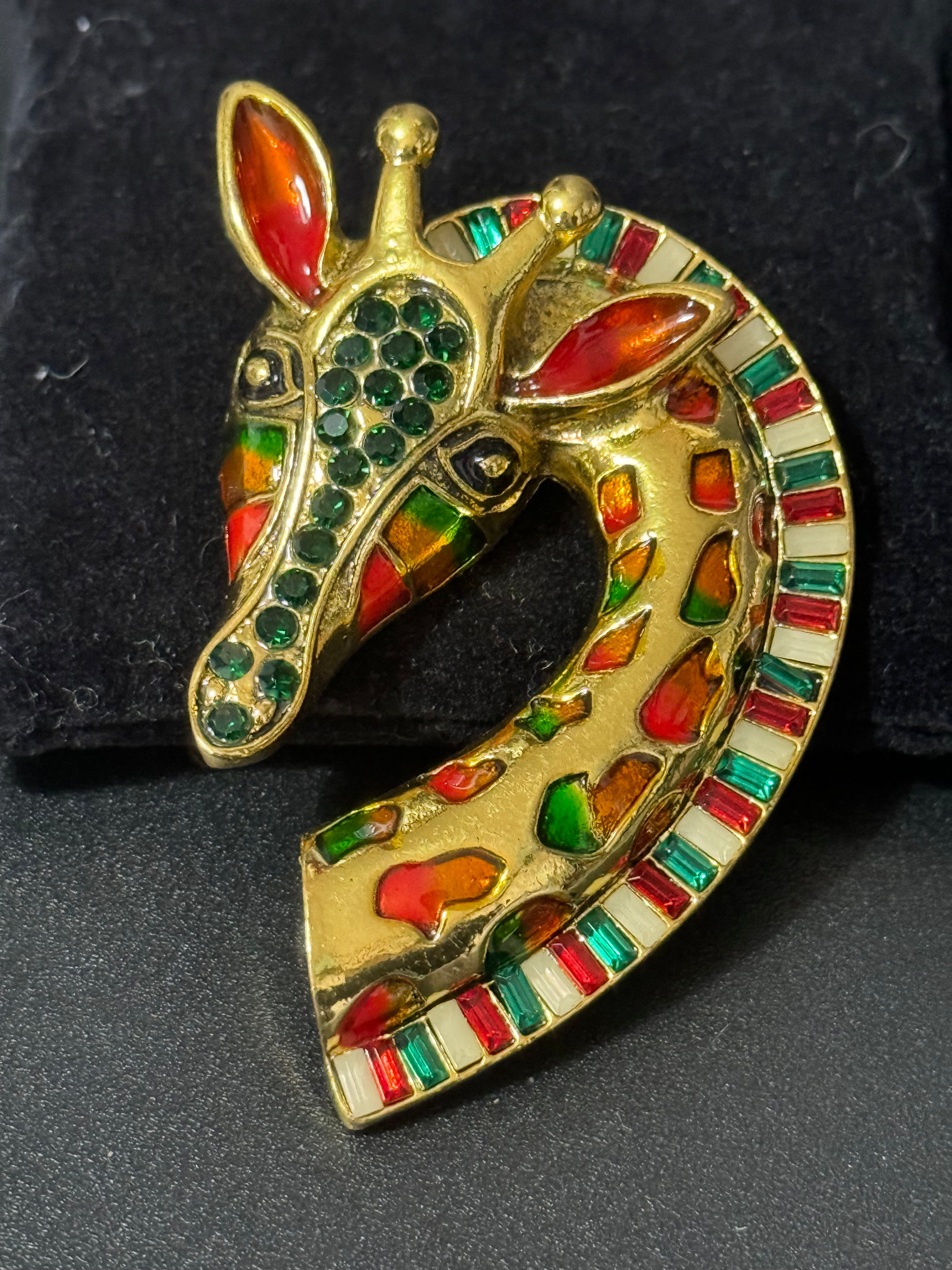 Large gold giraffe brooch orange and green enamel and black diamanté