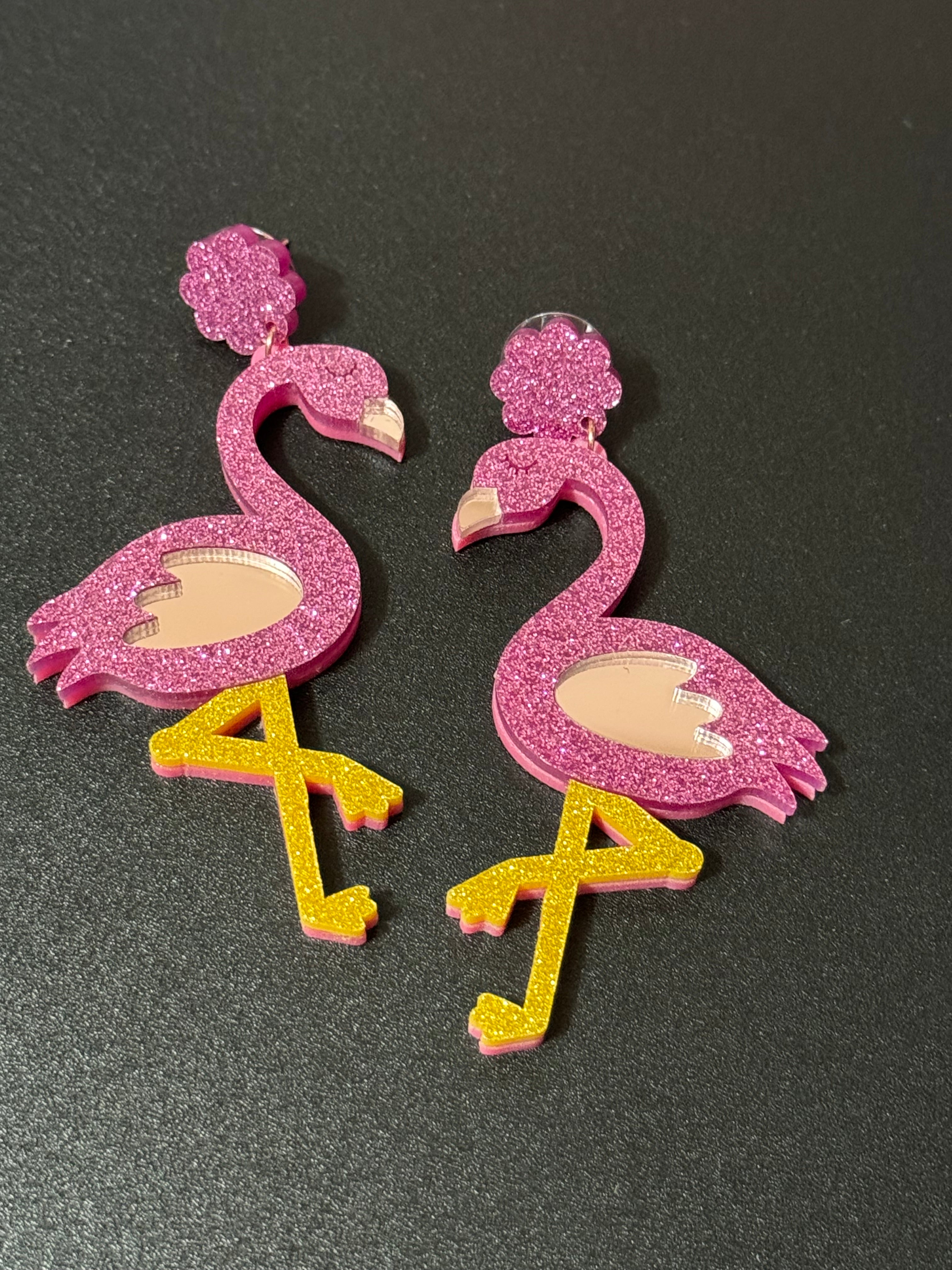 Oversized bright pink glittery flamingo earrings acrylic