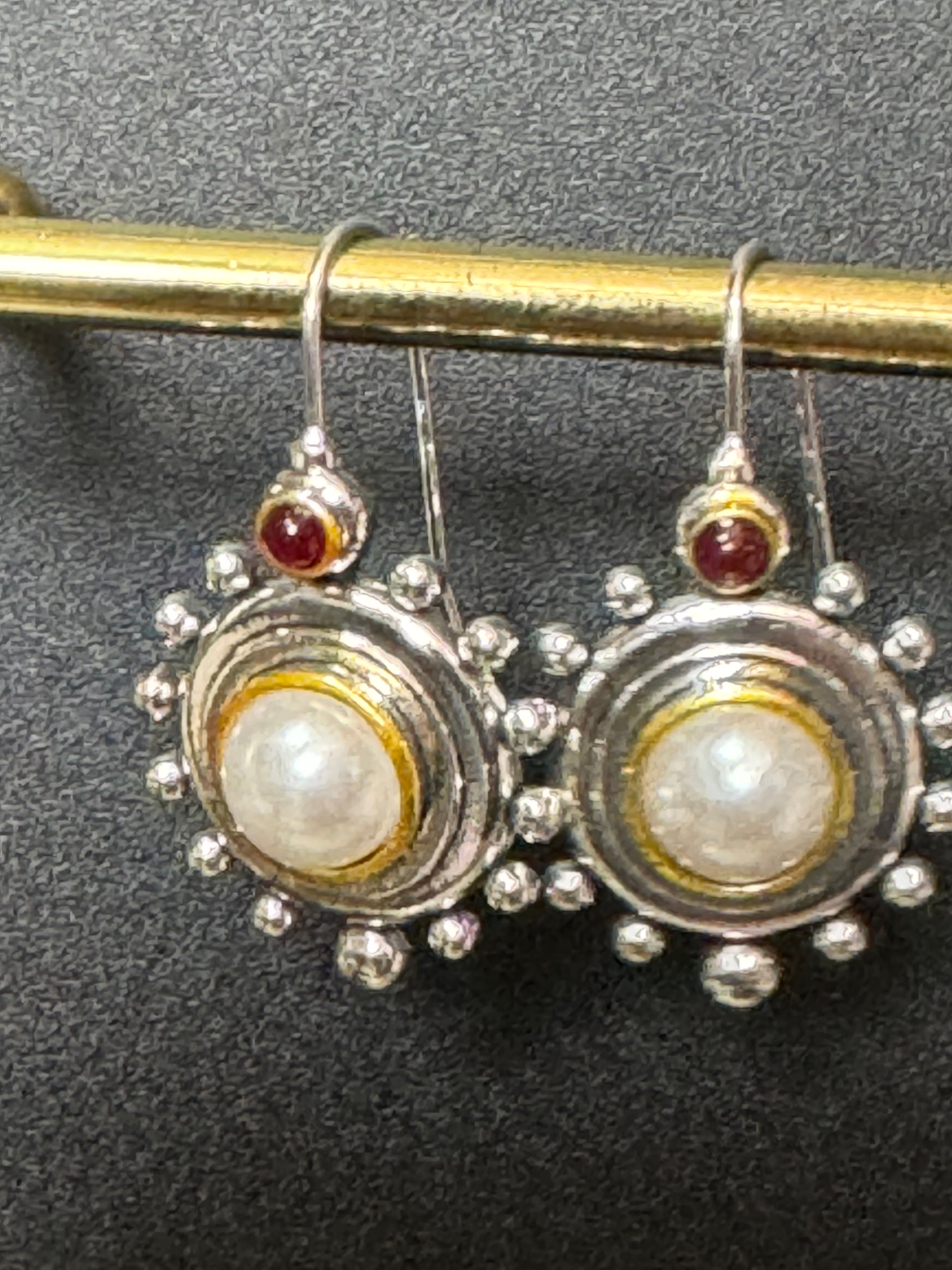 Etruscan silver tone medieval style faux pearl and ruby drop earrings