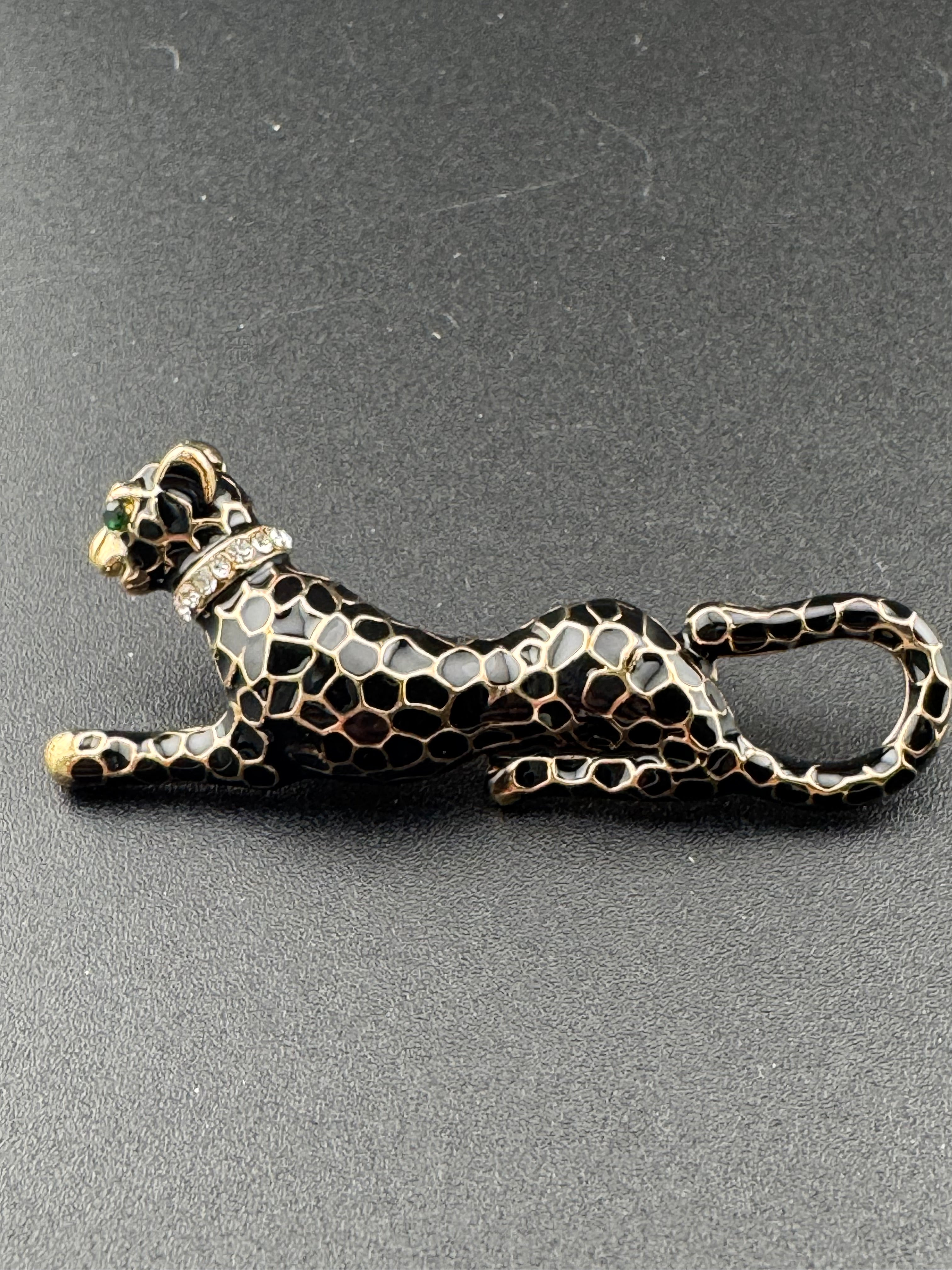 Black enamel crystal Big Cat leopard panther puma brooch gold tone