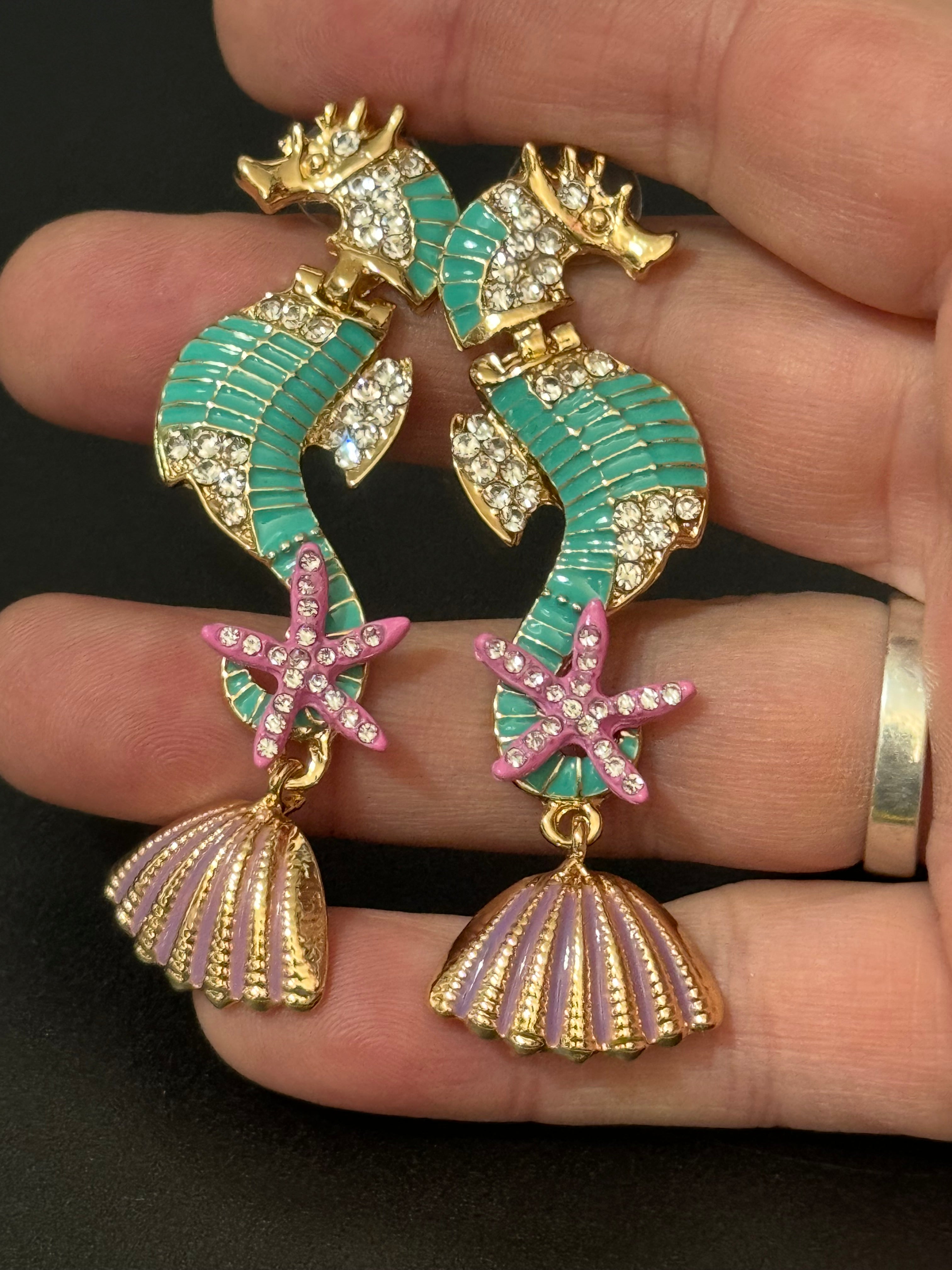 Large mint green and pink crystal seahorse earrings