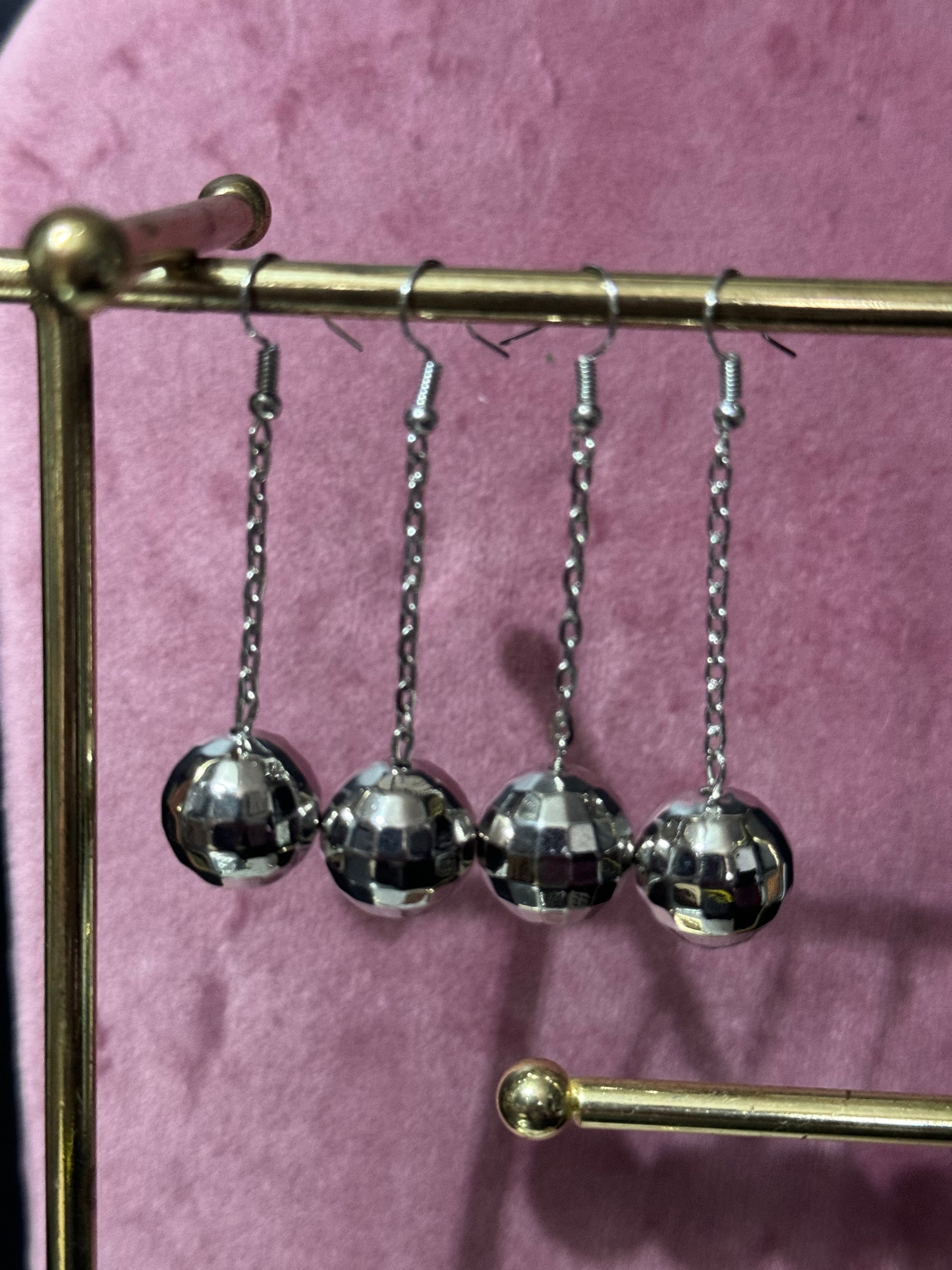 Silver chain link disco ball dangly earrings