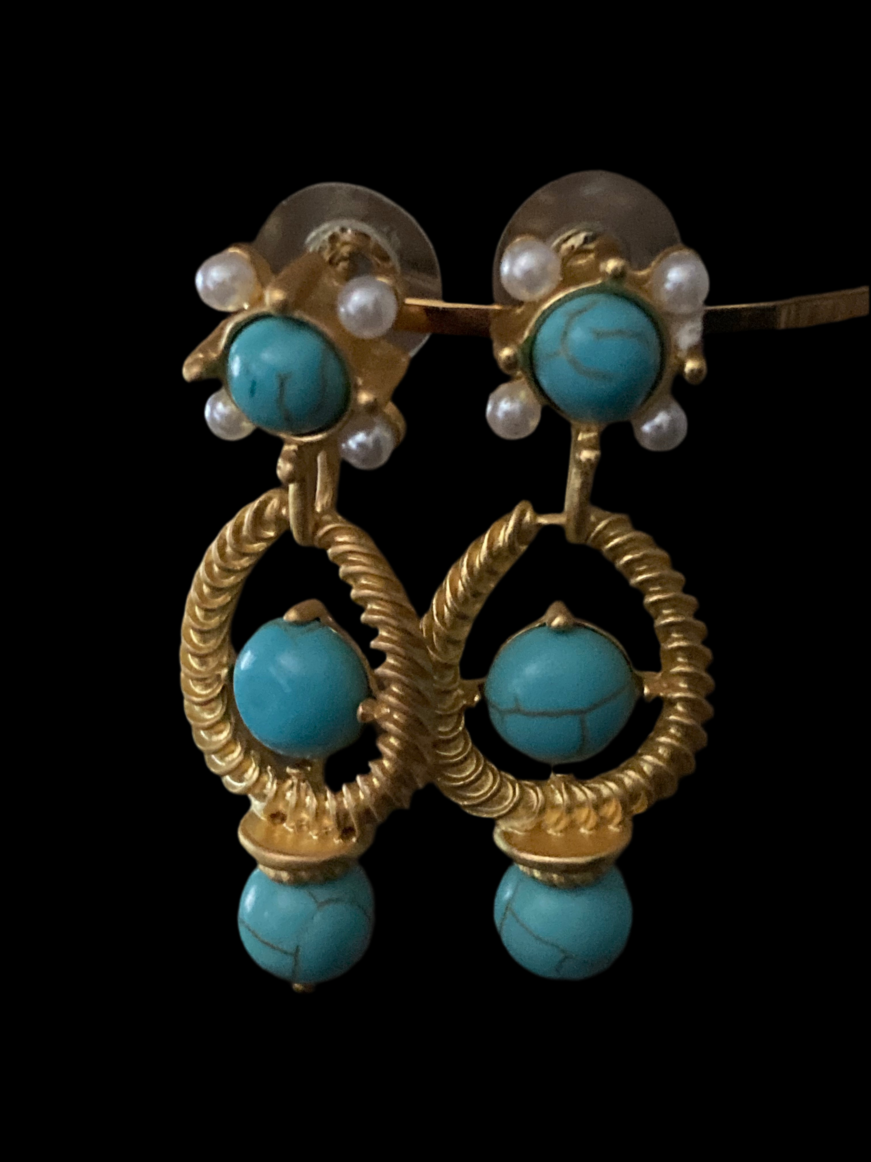 Etruscan style gold tone faux turquoise and pearl drop earrings