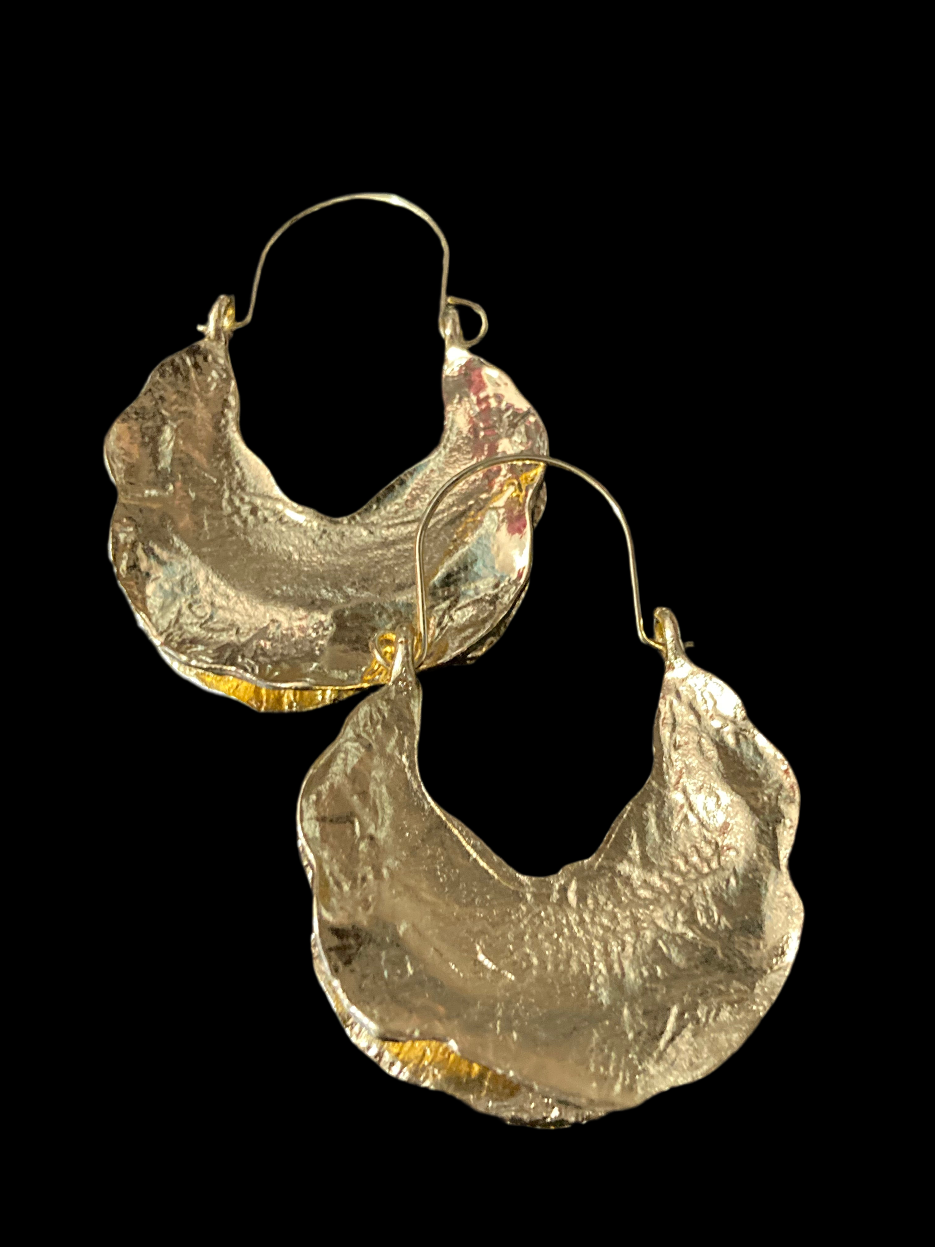 Gold Modernist beaten metal large creole hoop earrings