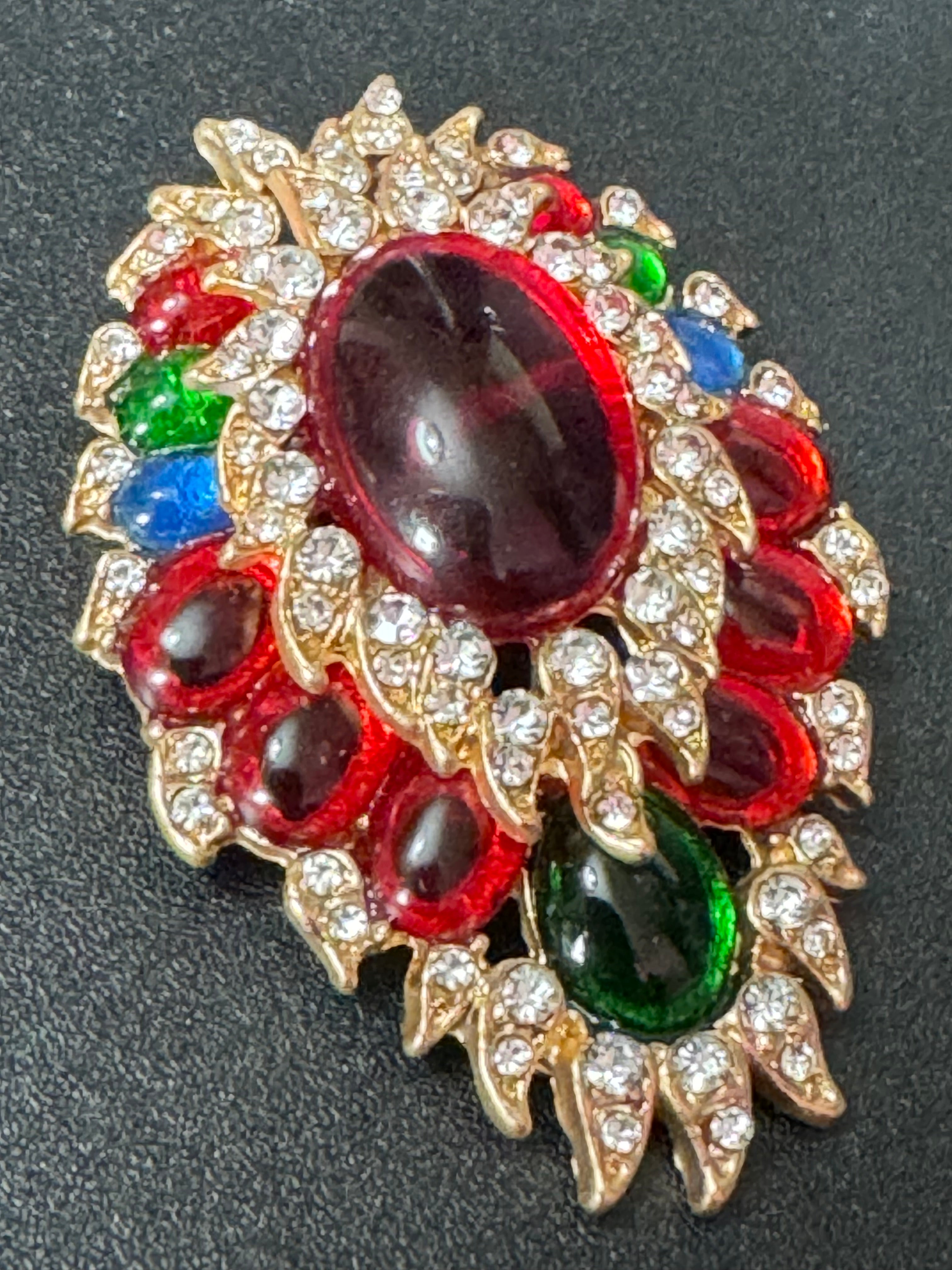 Large diamanté red green blue oval cabochon brooch Gripoix style