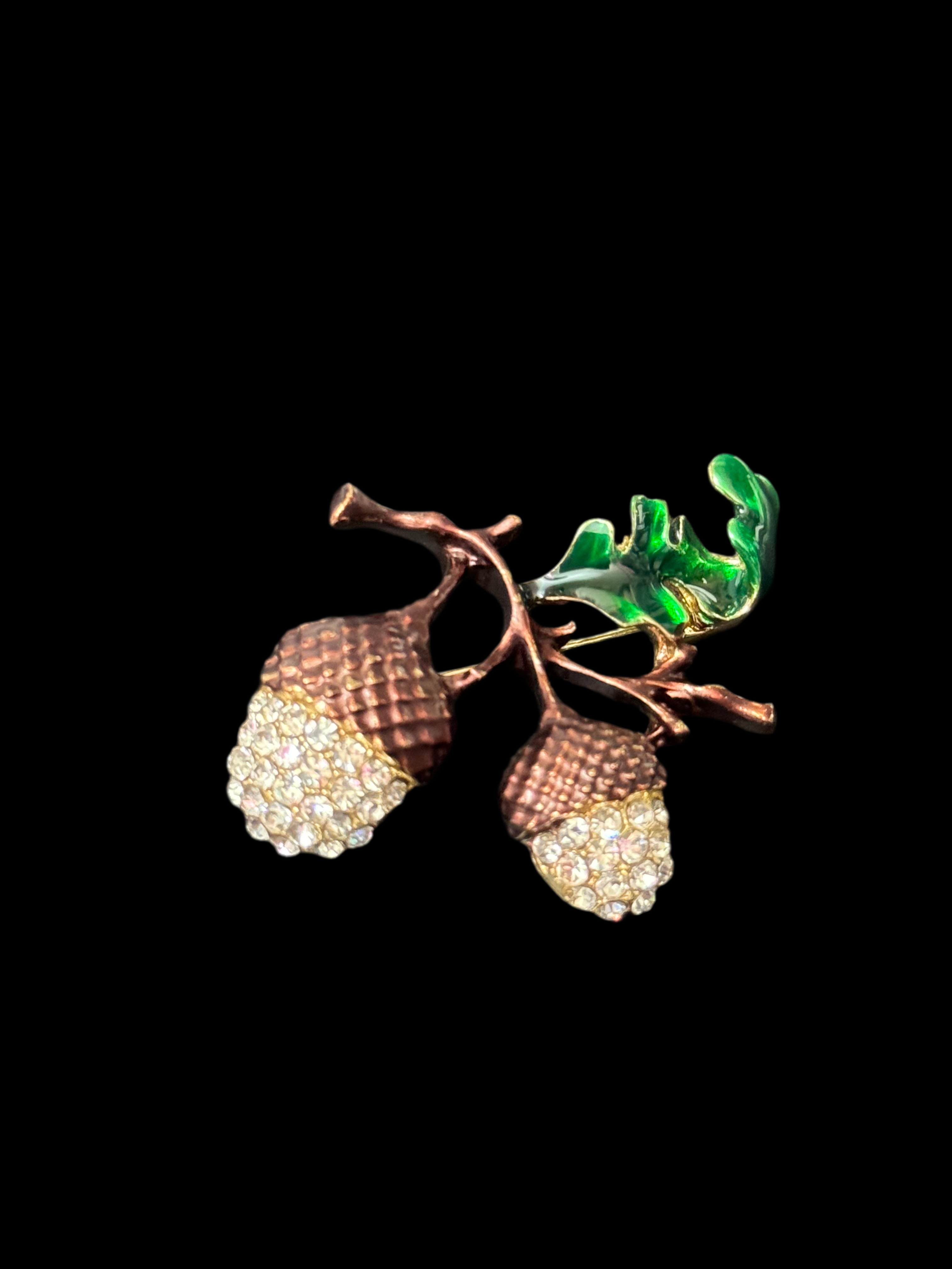 Crystal Oak tree acorn brooch with brown green enamel brooch with clear rhinestones