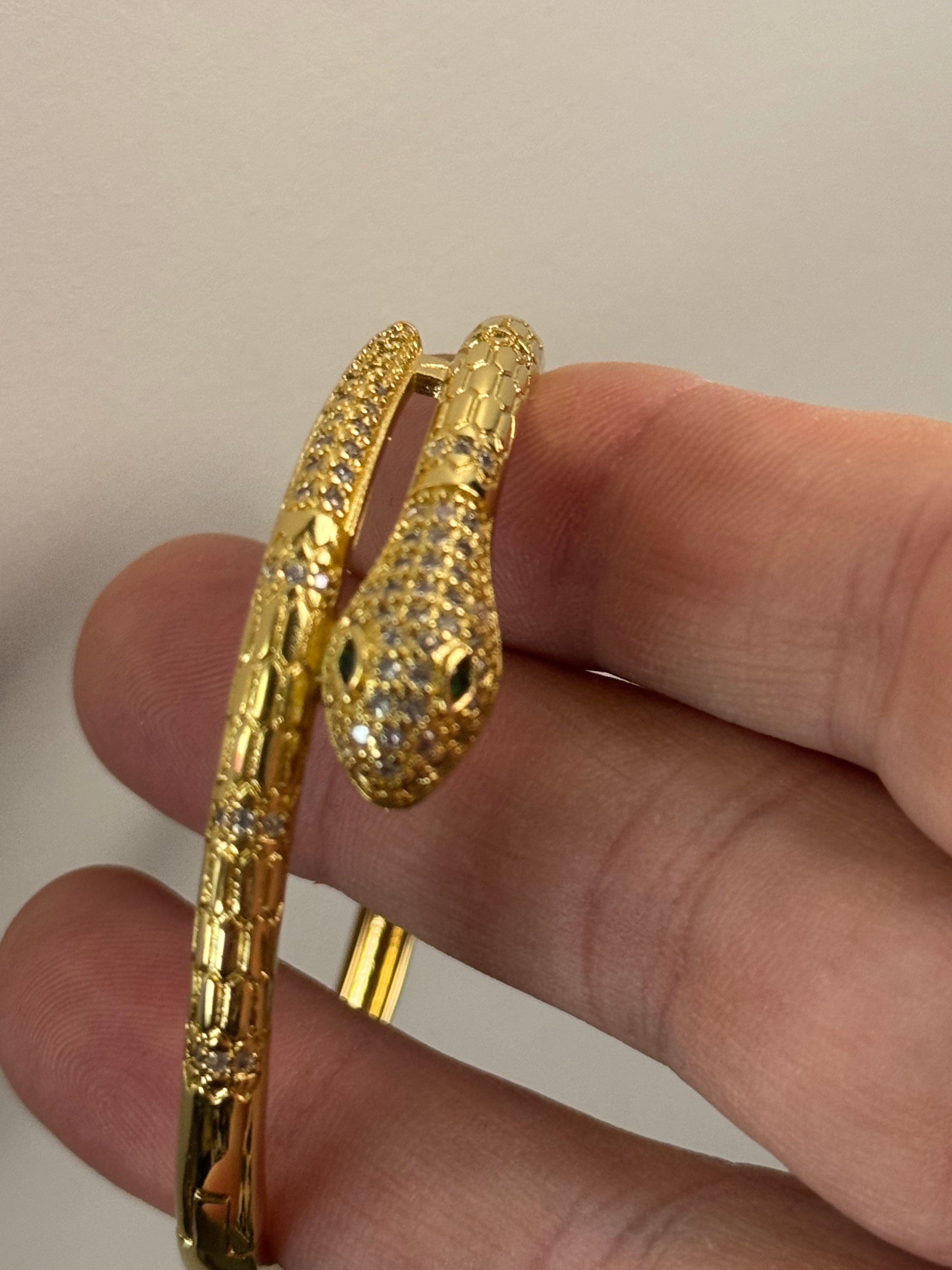 Hinged beautifully detailed Gold plated CZ crystal diamanté snake bangle bracelet