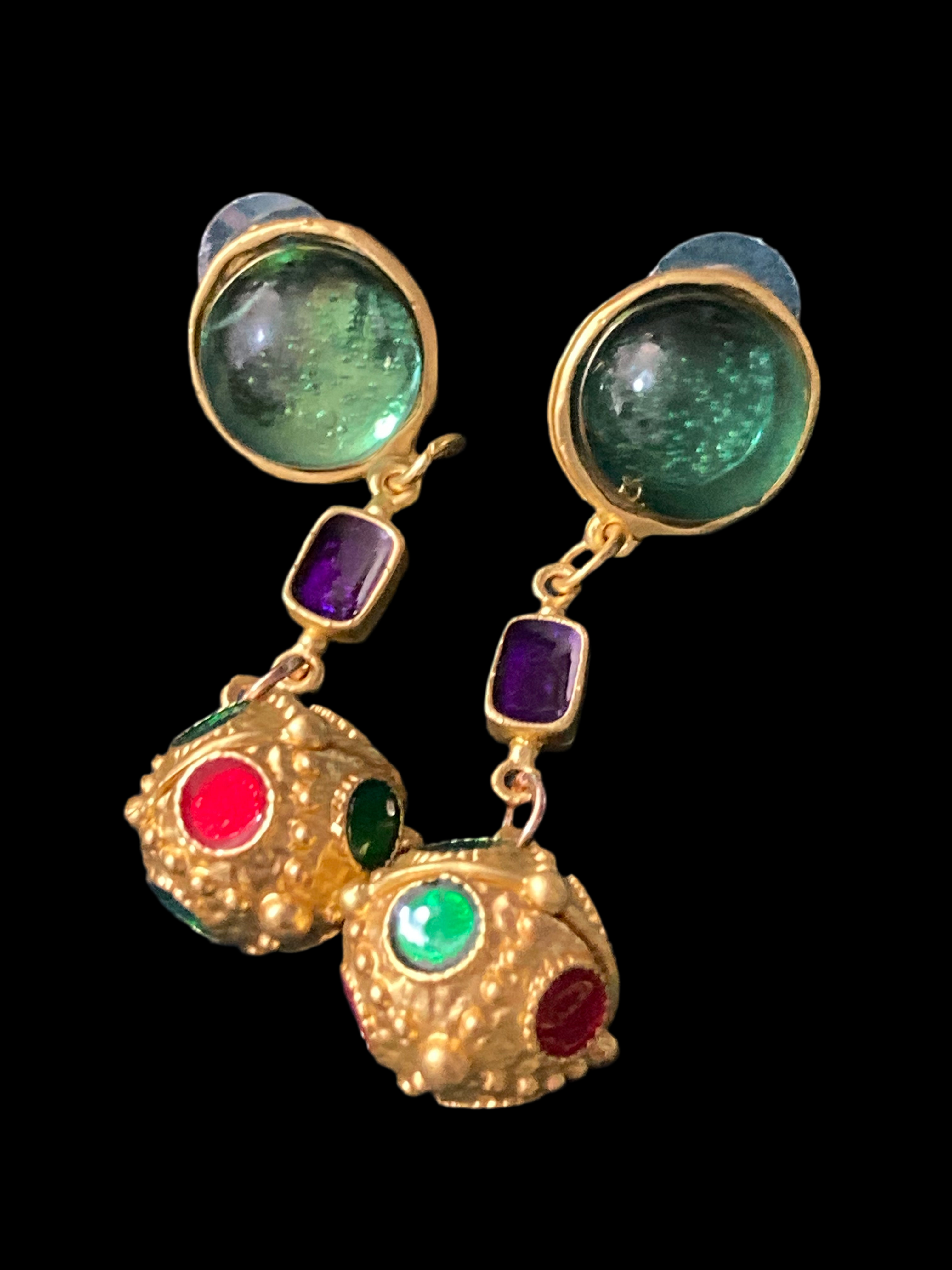 Gold orbs earrings gripoix style emerald ruby drops