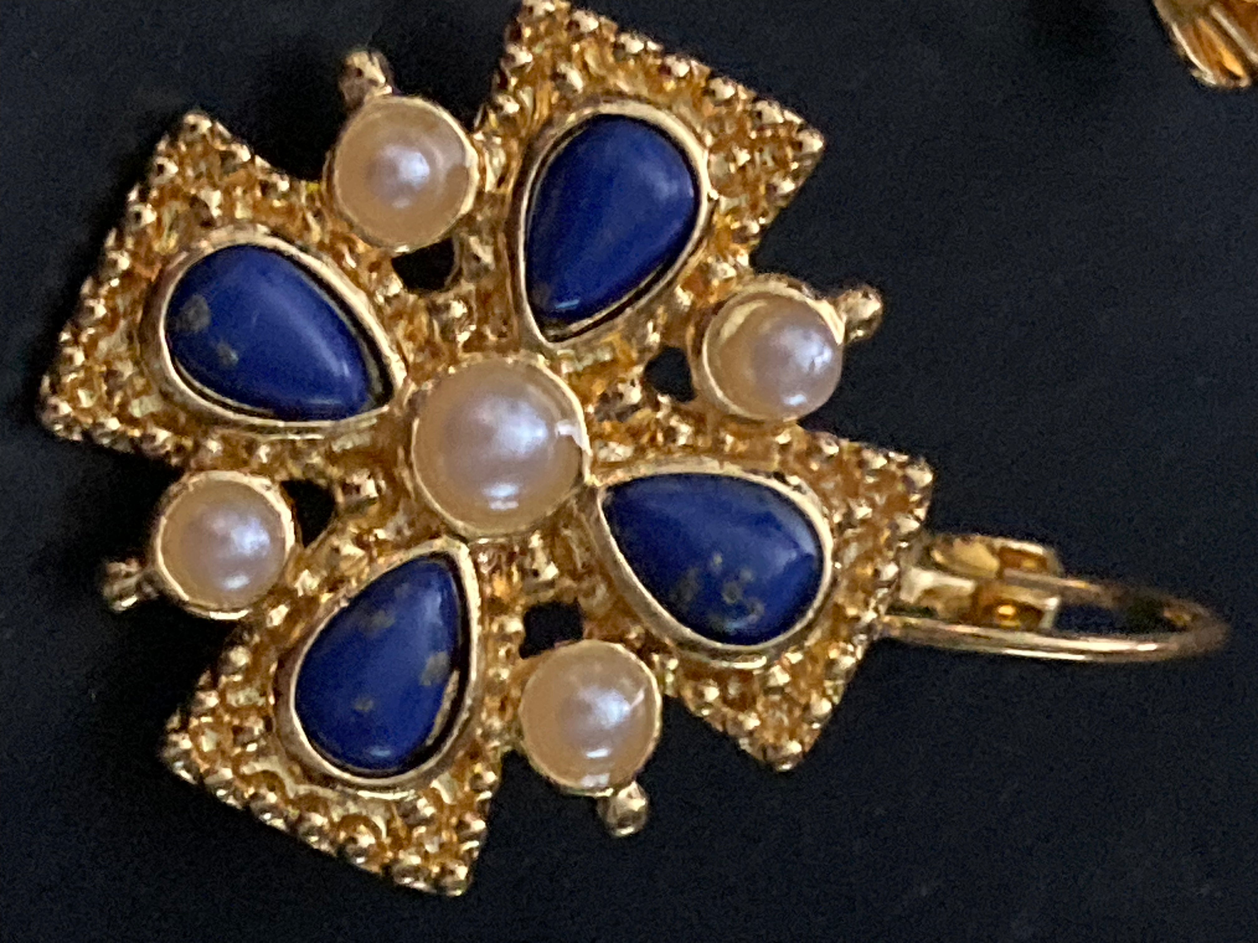 Etruscan medieval style Maltese cross lapis lazuli and pearl oversized drop earrings