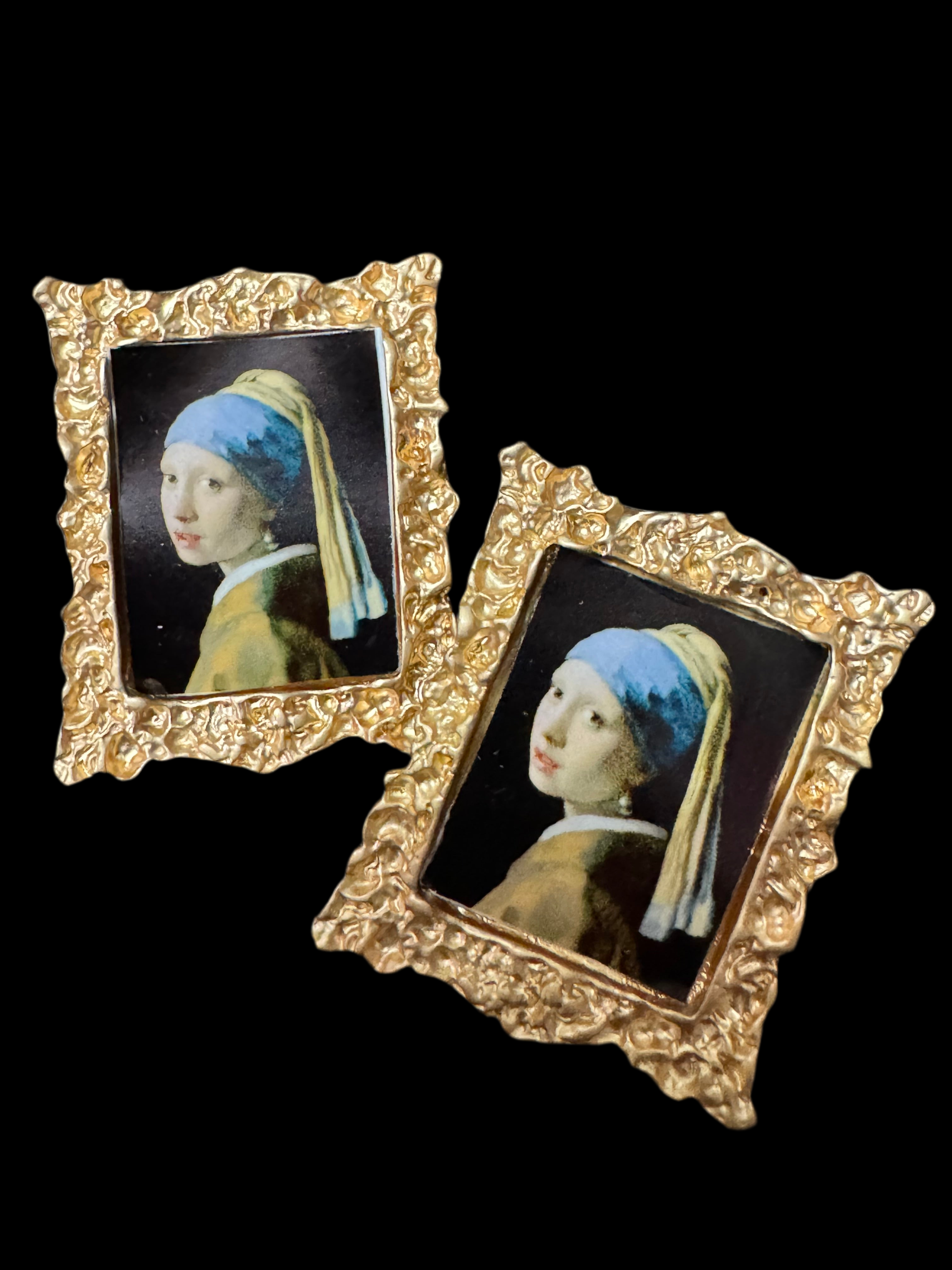 Novelty great masters pairings oversized gold framed portrait earrings