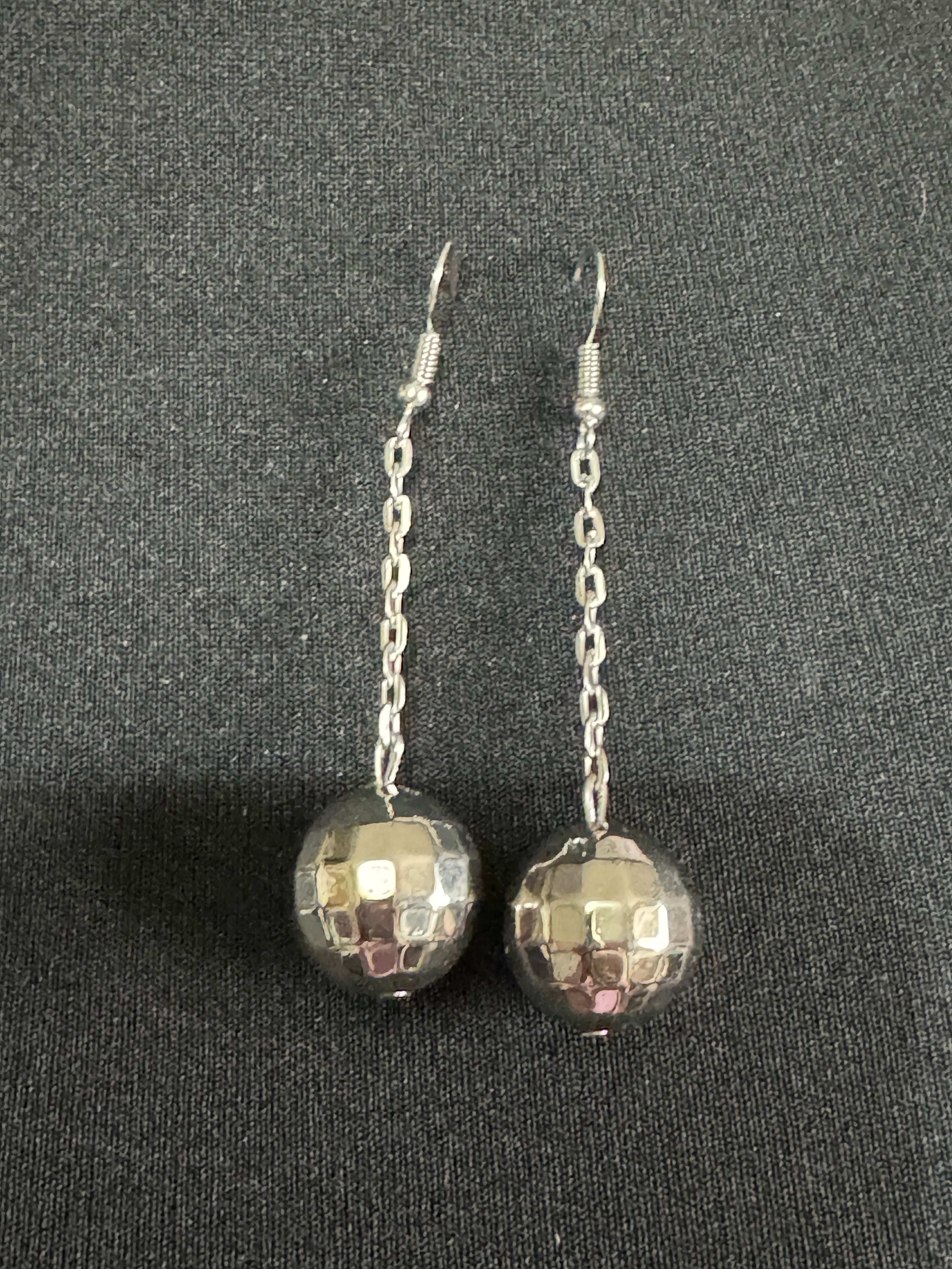 Silver chain link disco ball dangly earrings