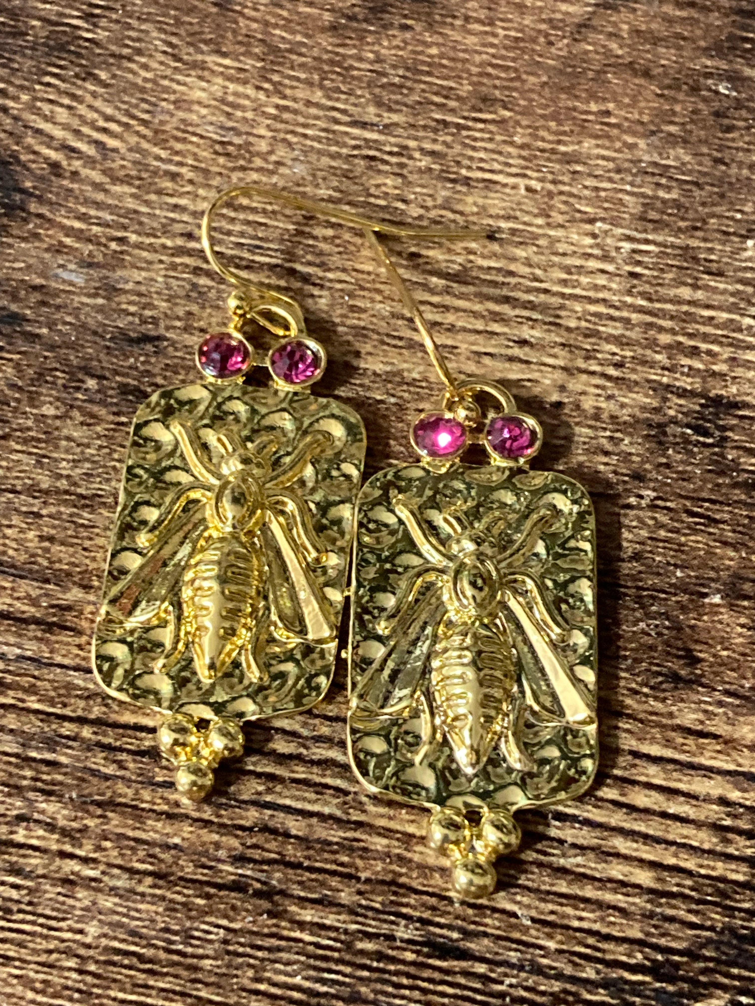 Etruscan style gold panel drop pink crystal bee earrings