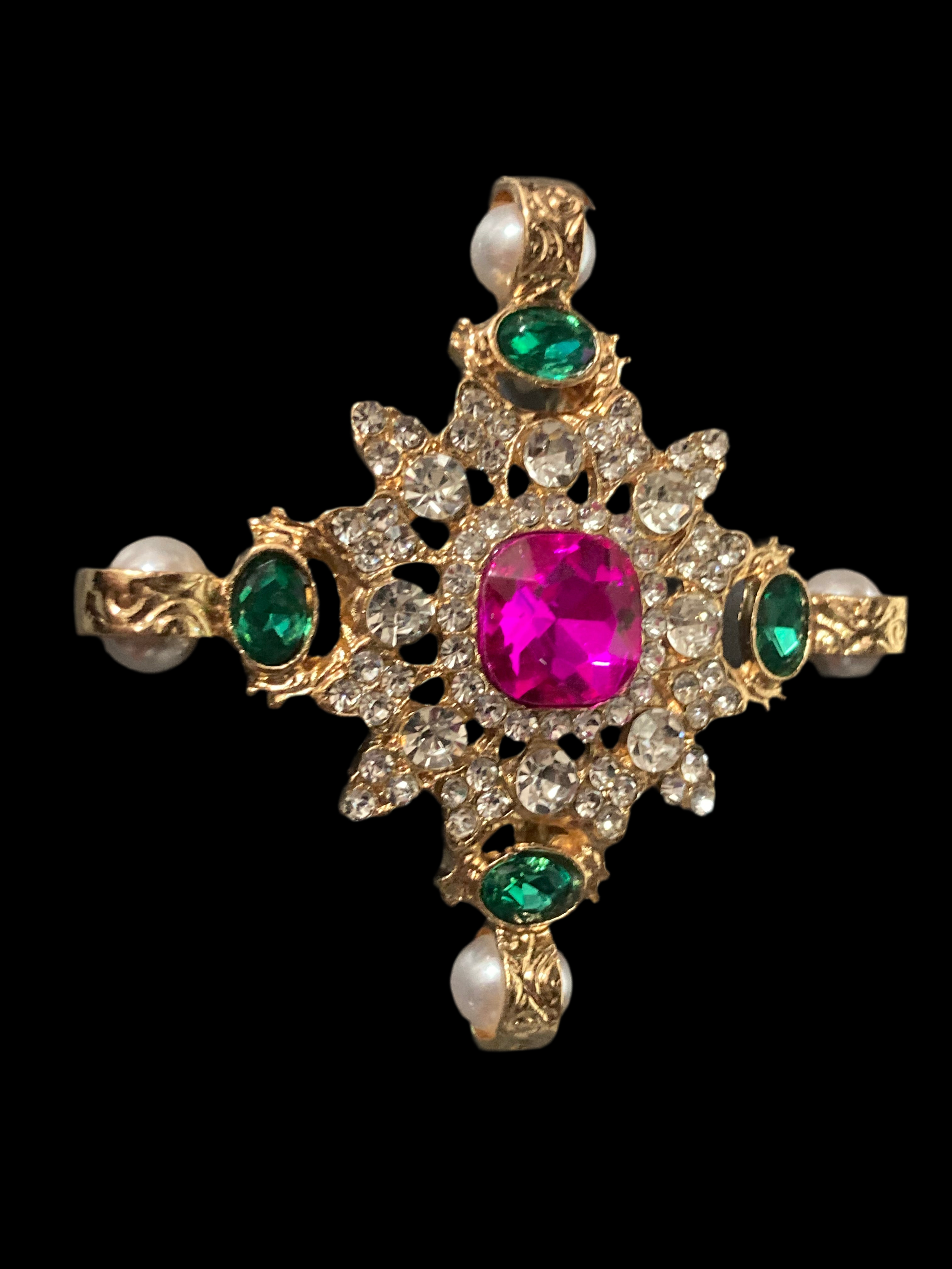 Pearl and Diamanté cross brooch with pink and emerald green stones