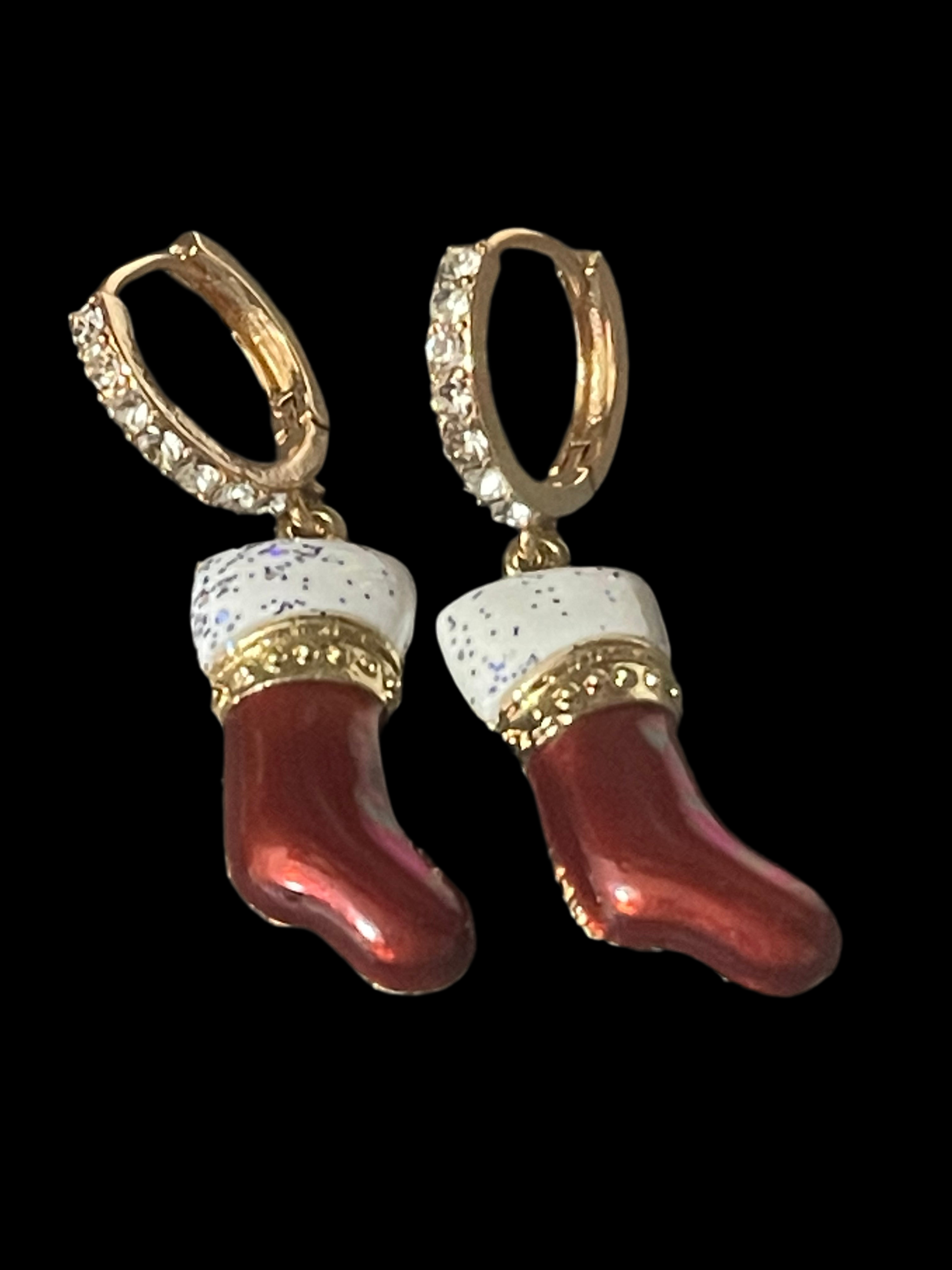 Novelty Christmas stocking red enamel diamanté earrings