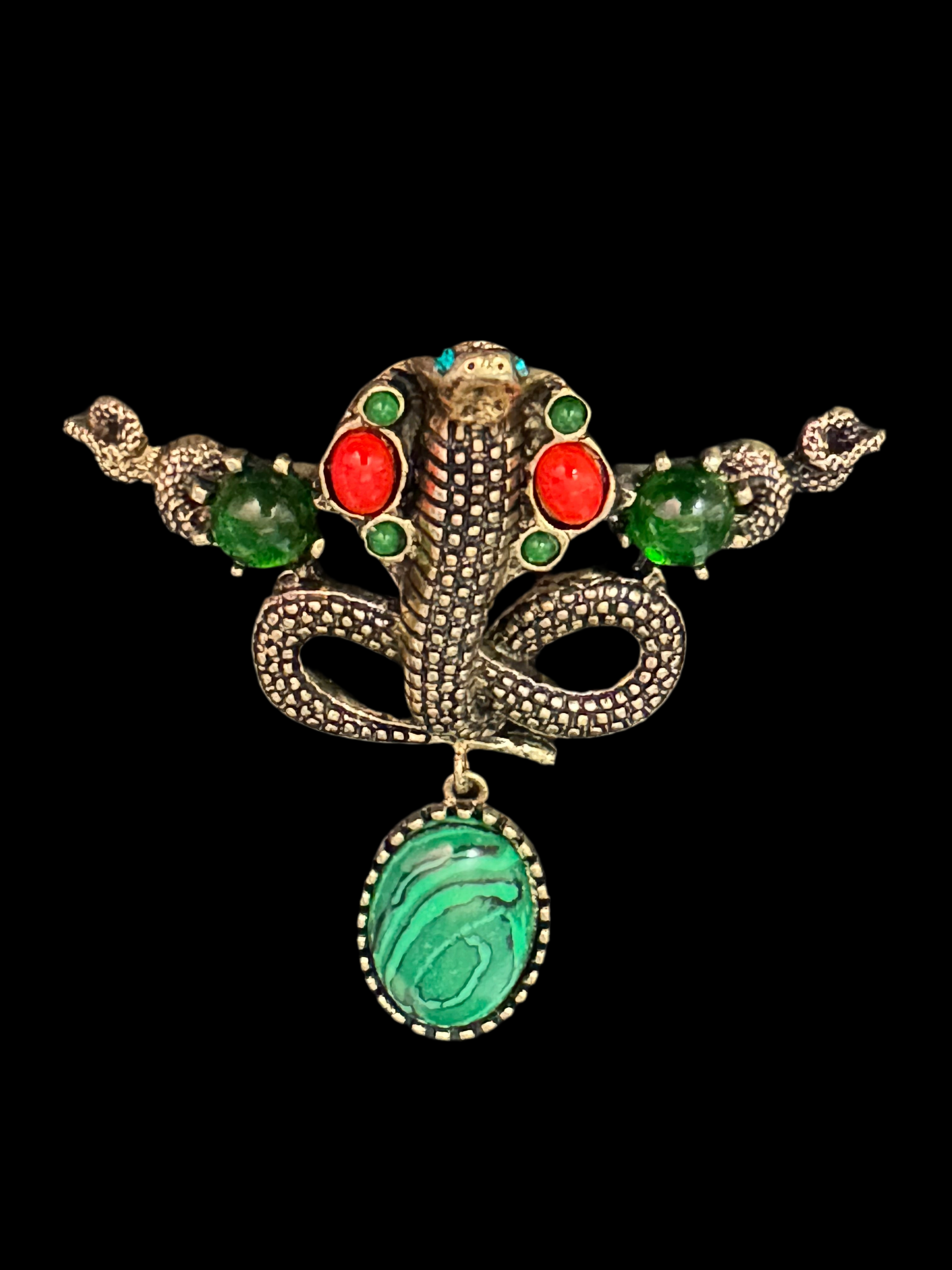 Oversized gold snake brooch with dropper and gemstones