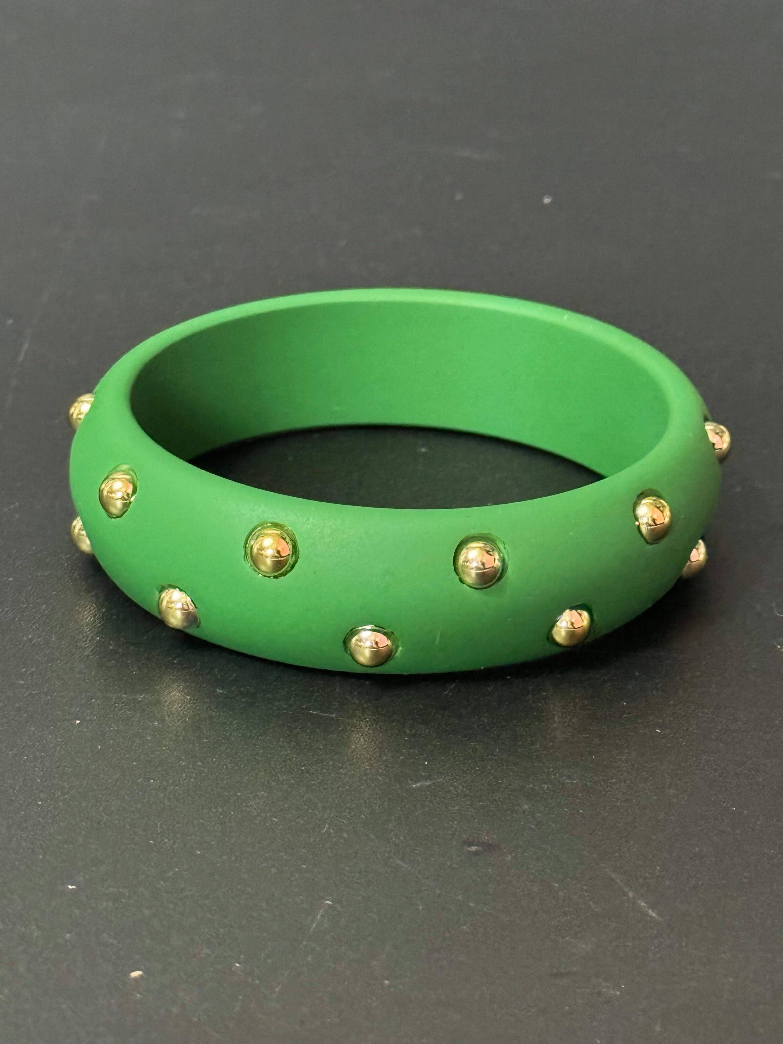 Bright Matt Green gold metal studded wide plastic bangle