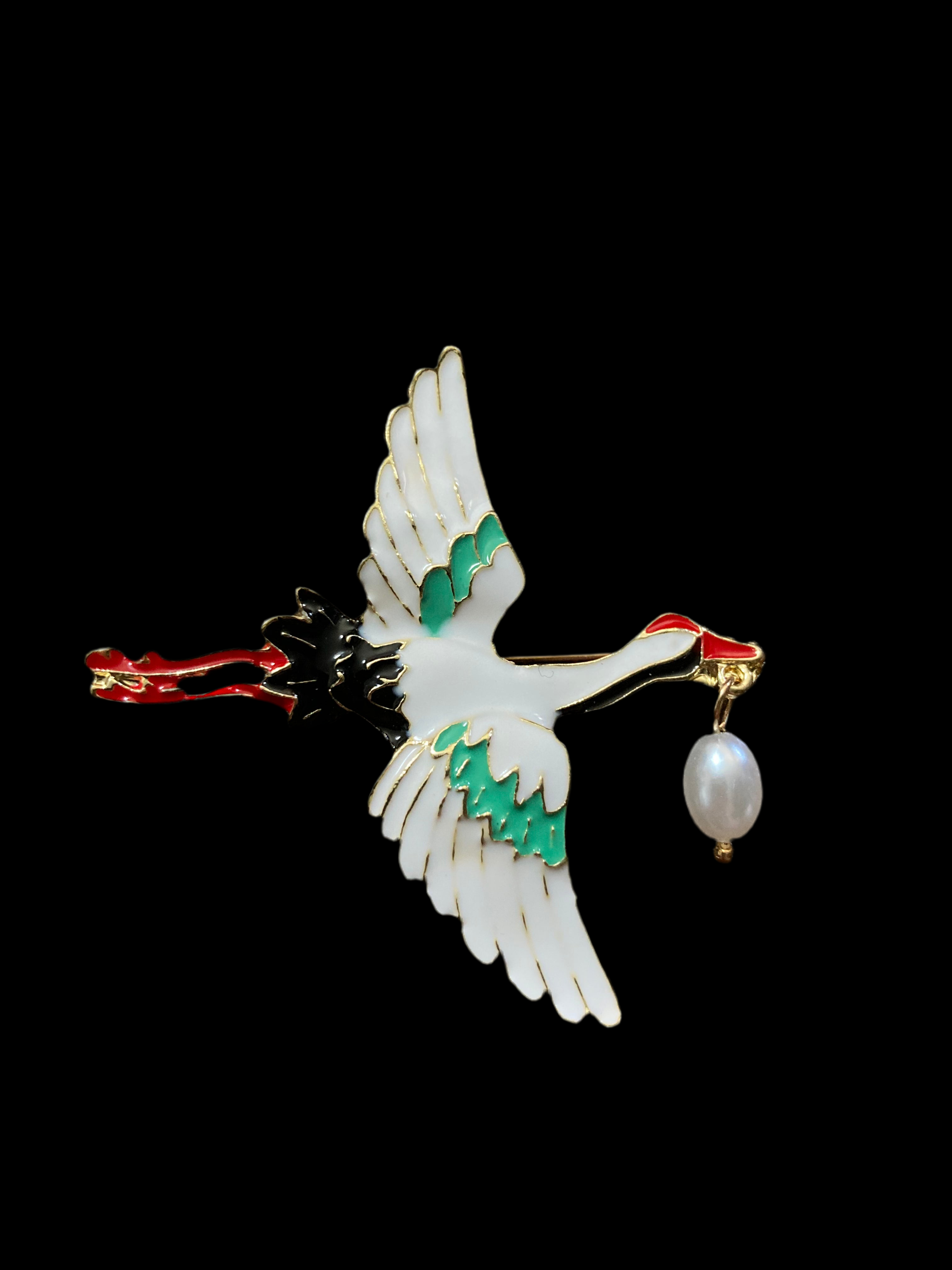 Japanese faux pearl crane brooch