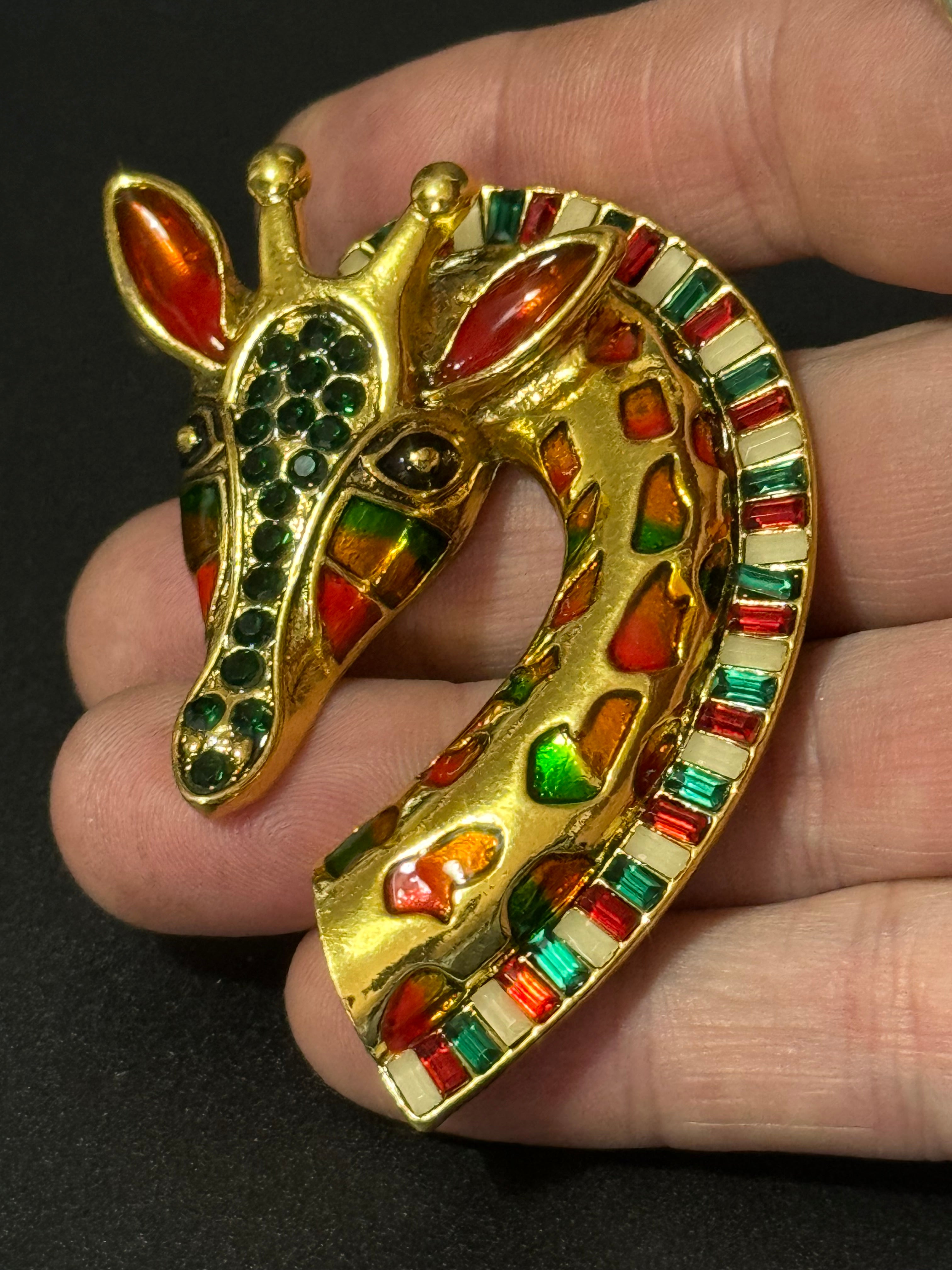 Large gold giraffe brooch orange and green enamel and black diamanté