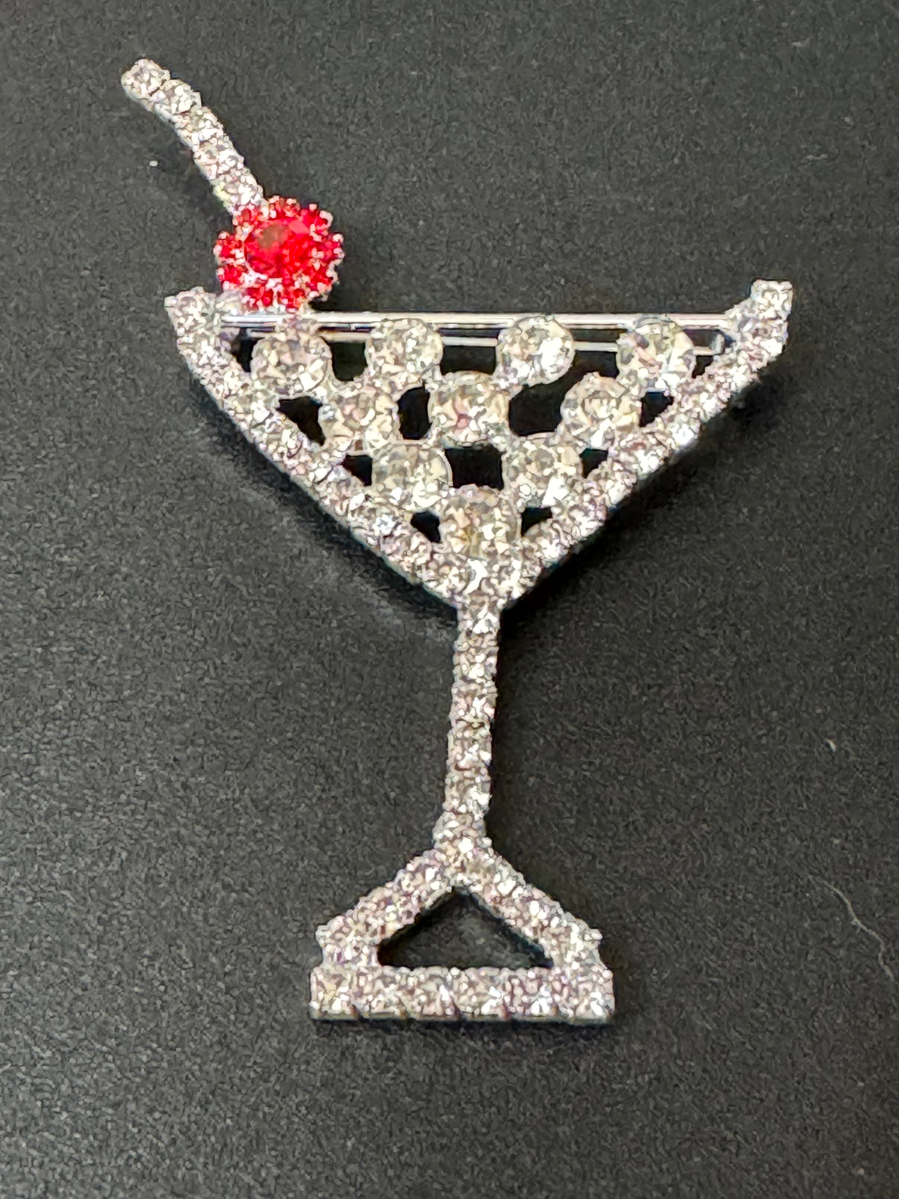 Champagne cocktail glass with red cherry diamanté Crystal brooch silver tone