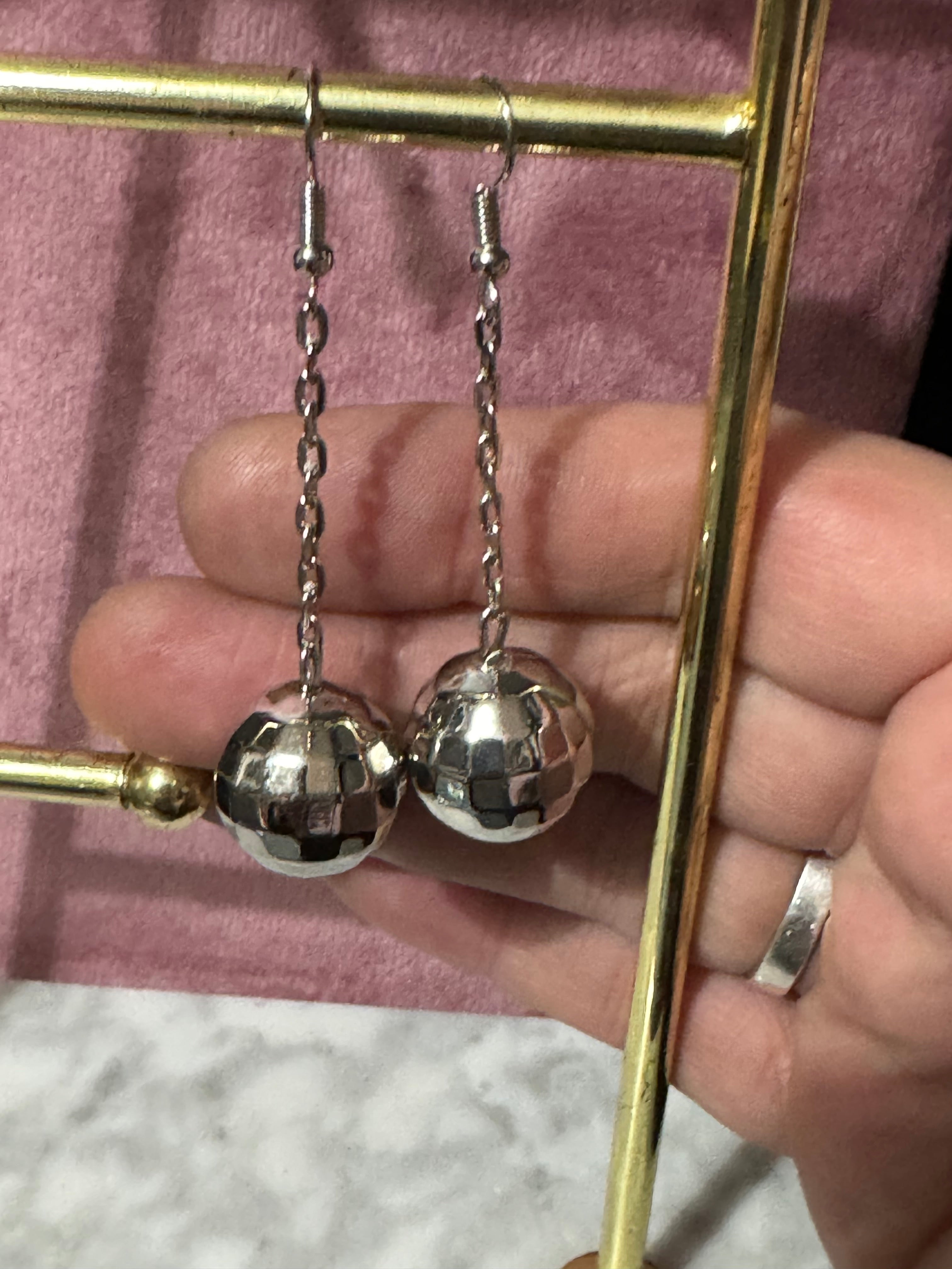 Silver chain link disco ball dangly earrings