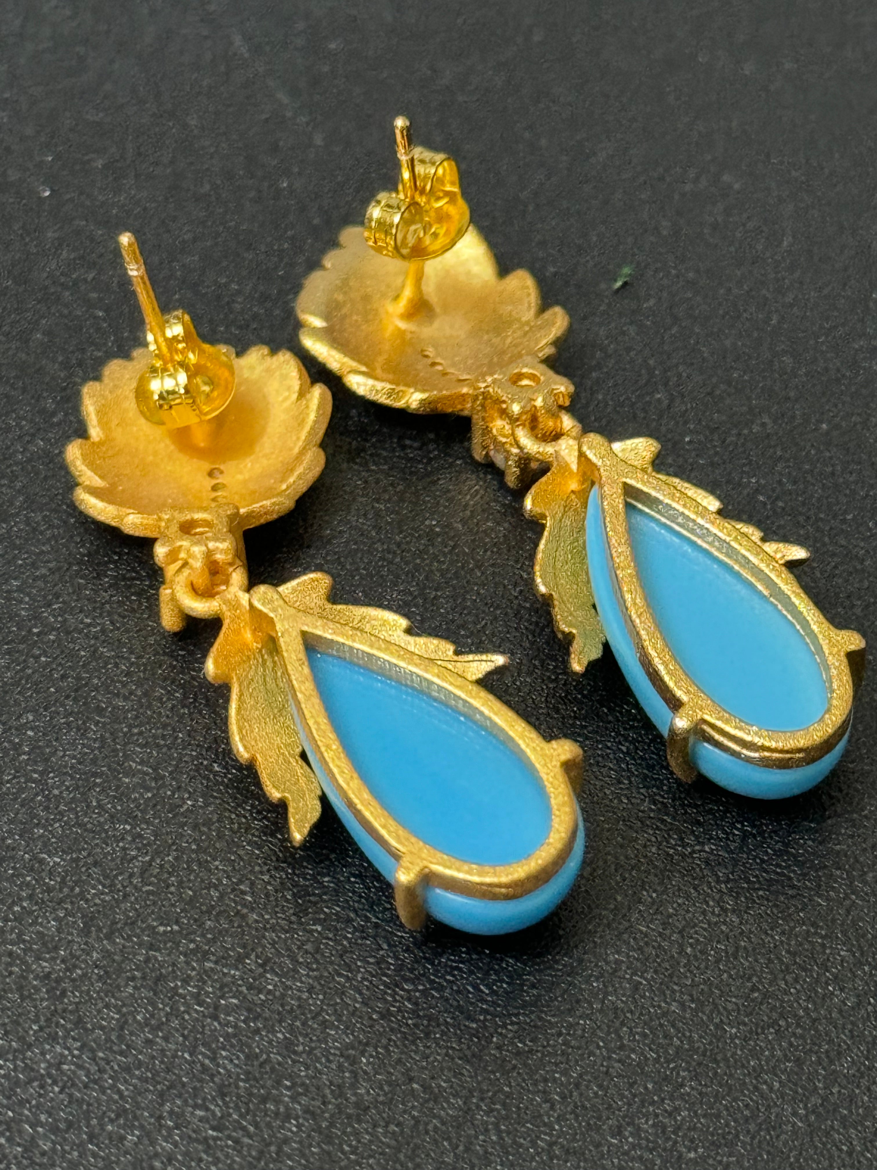 High end Antique Etruscan style gold tone faux turquoise teardrop earrings