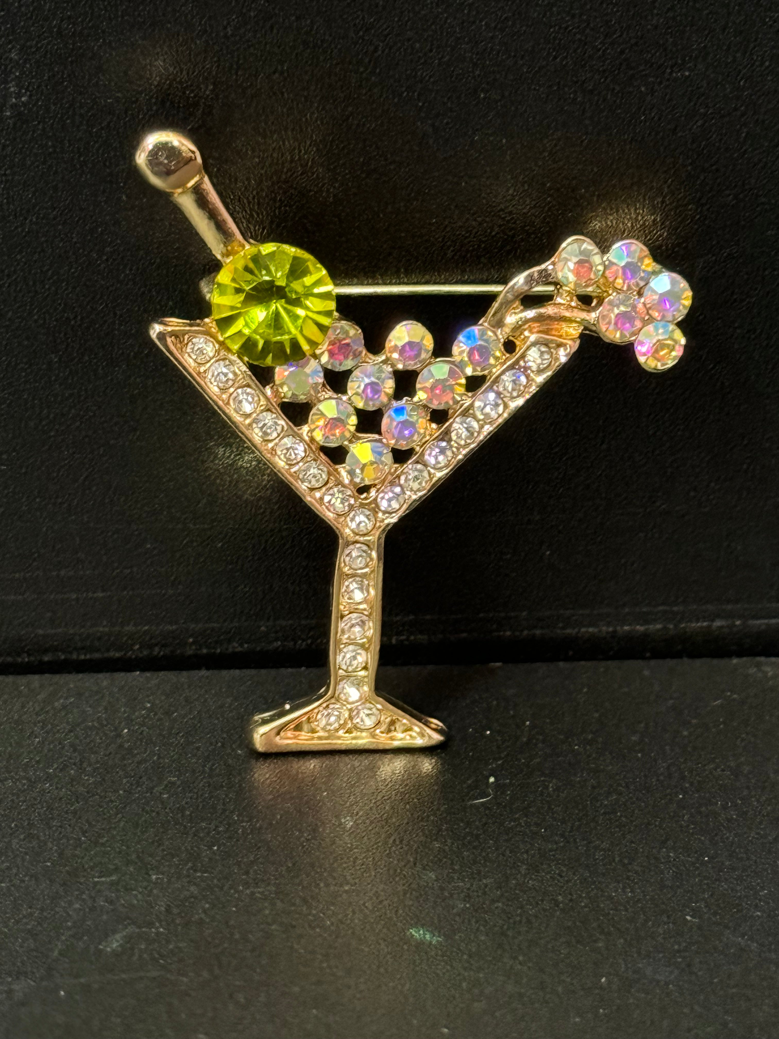 Champagne cocktail glass with green olive diamanté Crystal martini brooch gold tone