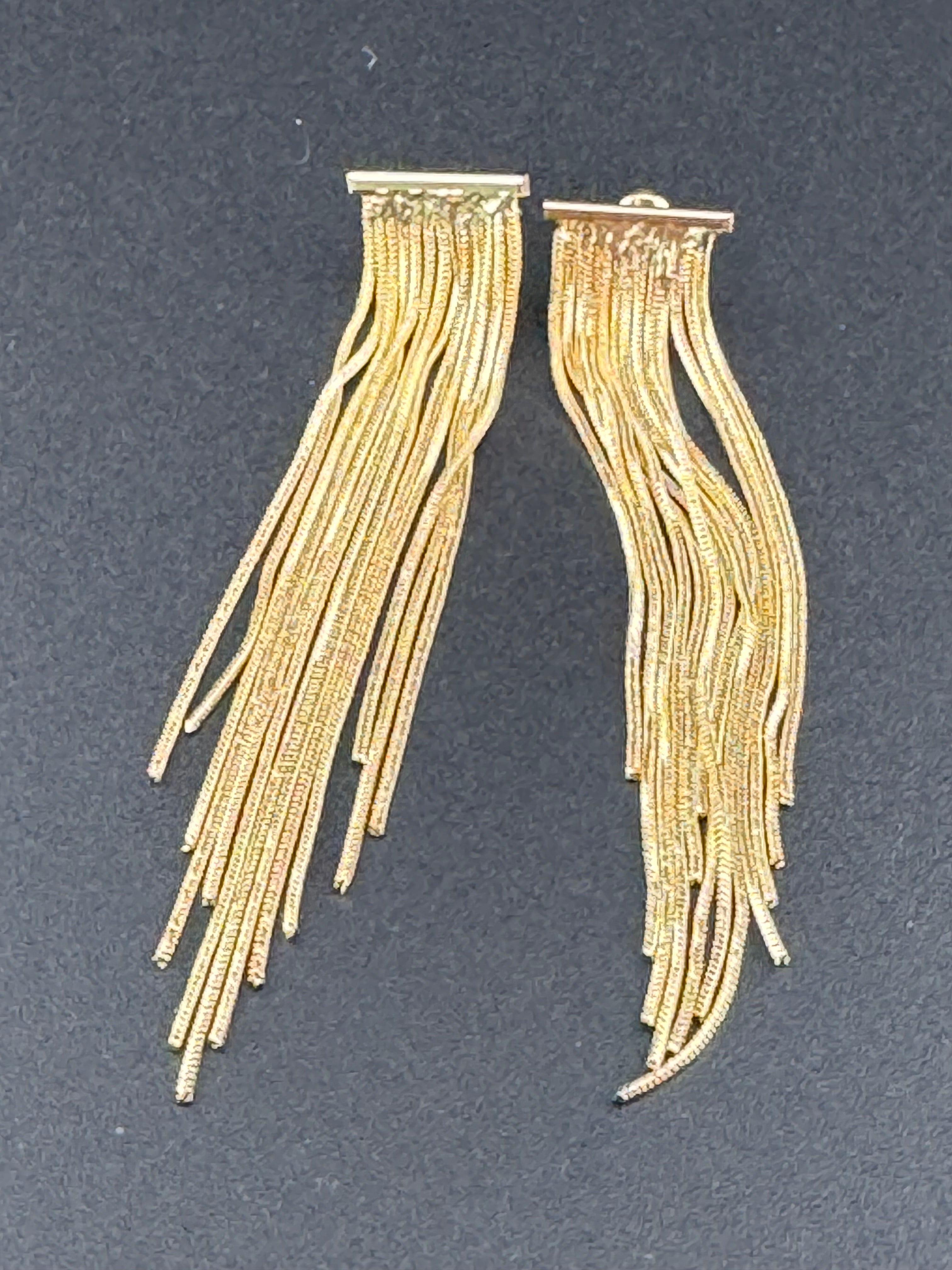 gold tone long dangly chain link tassel earrings for pierced ears 1980s style