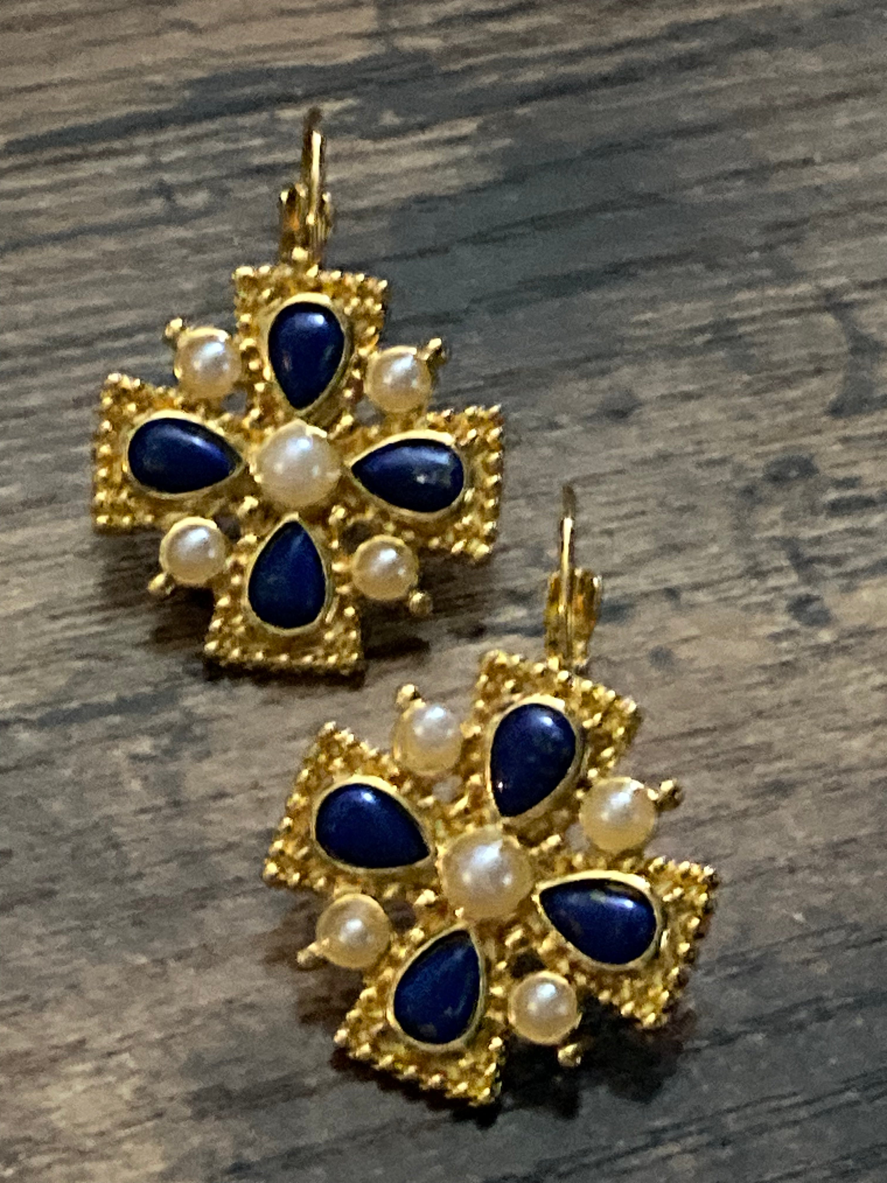 Etruscan medieval style Maltese cross lapis lazuli and pearl oversized drop earrings