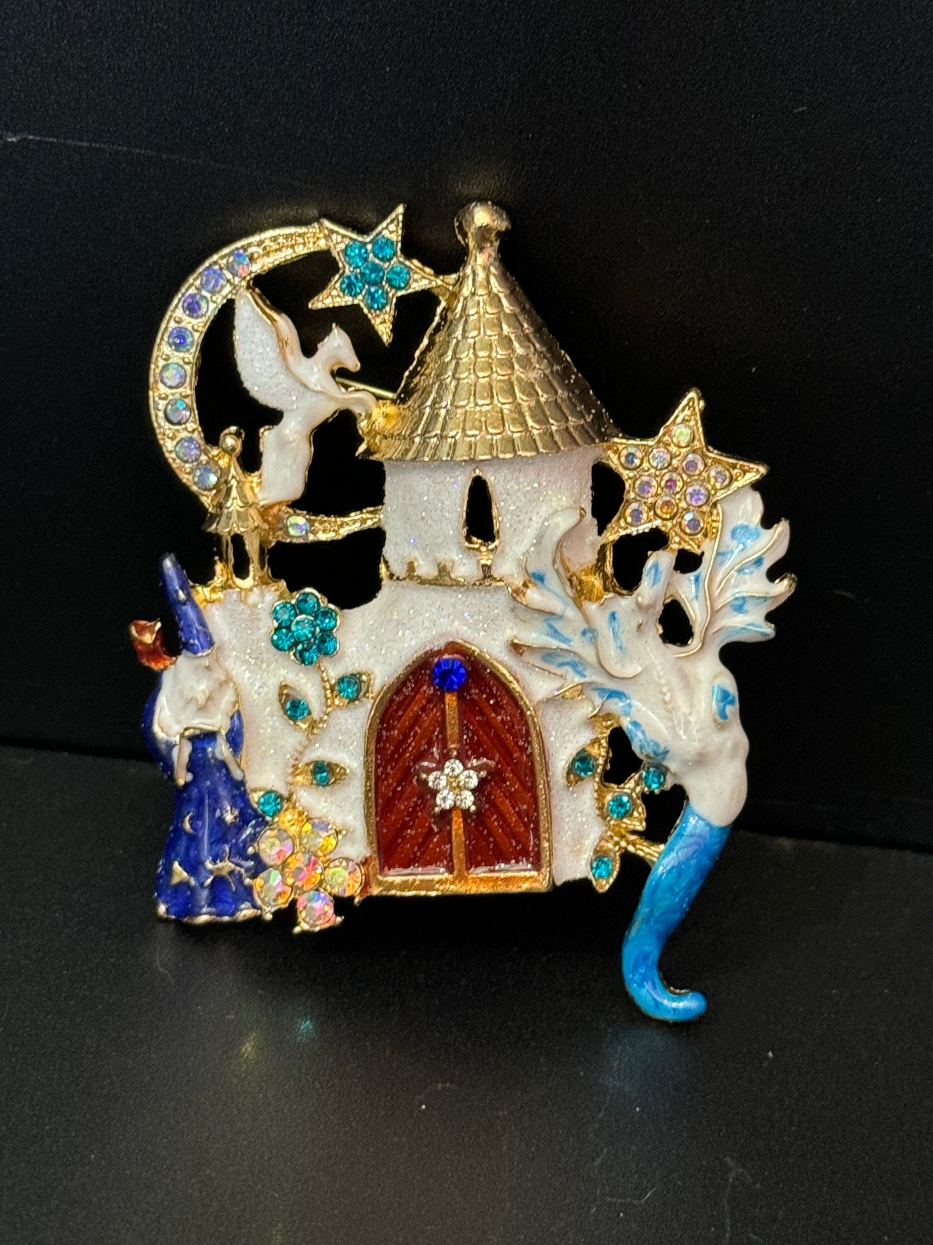 Large Magical wizards and dragons castle fantasy brooch Crystal white enamel