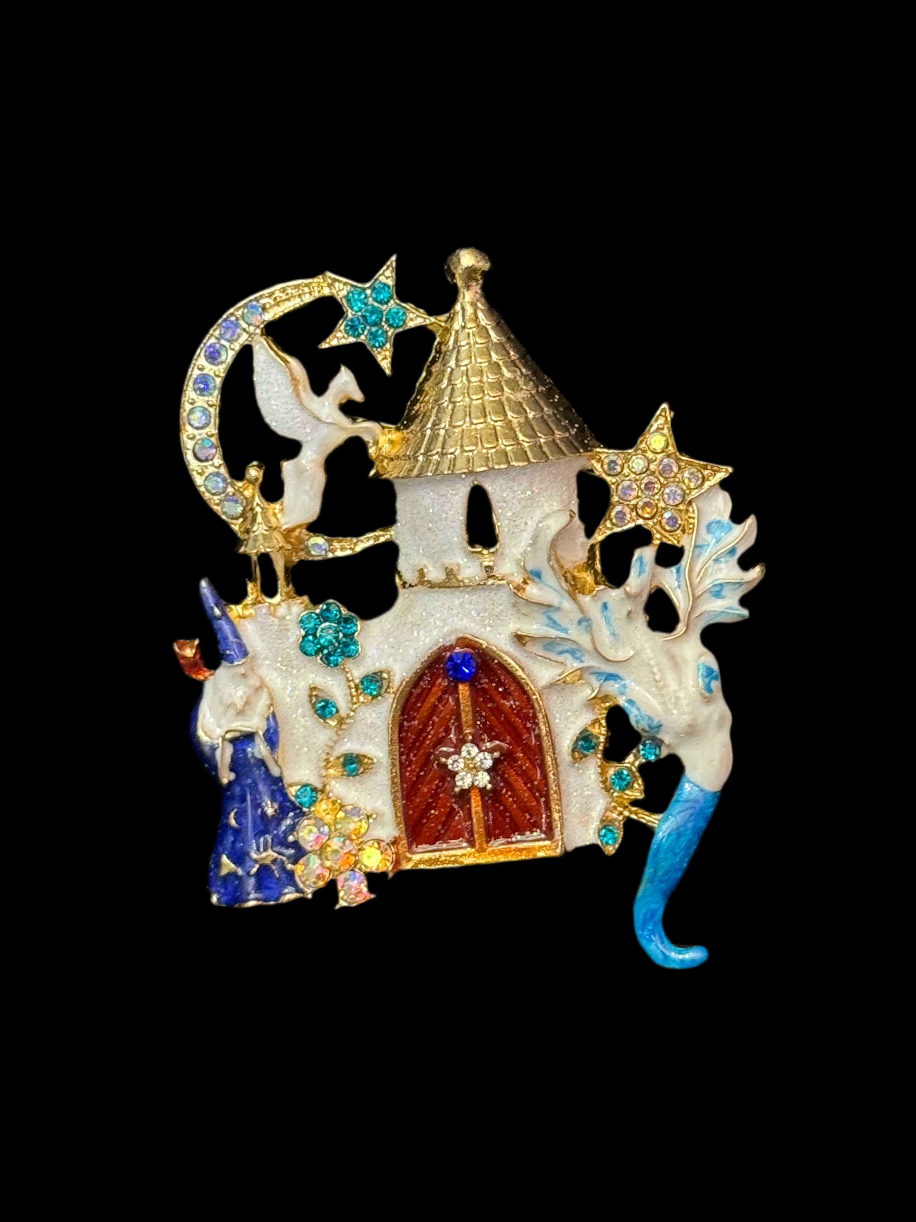 Large Magical wizards and dragons castle fantasy brooch Crystal white enamel