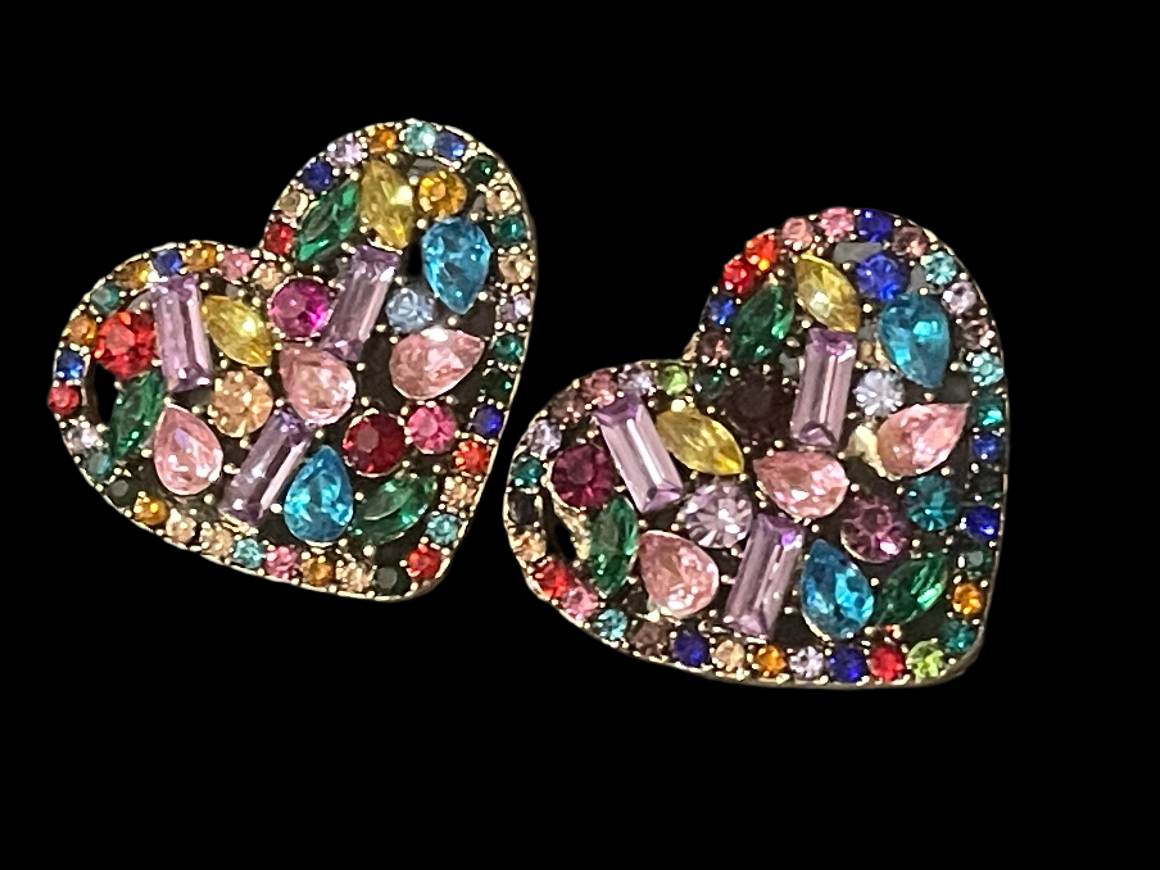 Large bright rainbow diamanté Crystal love heart earrings