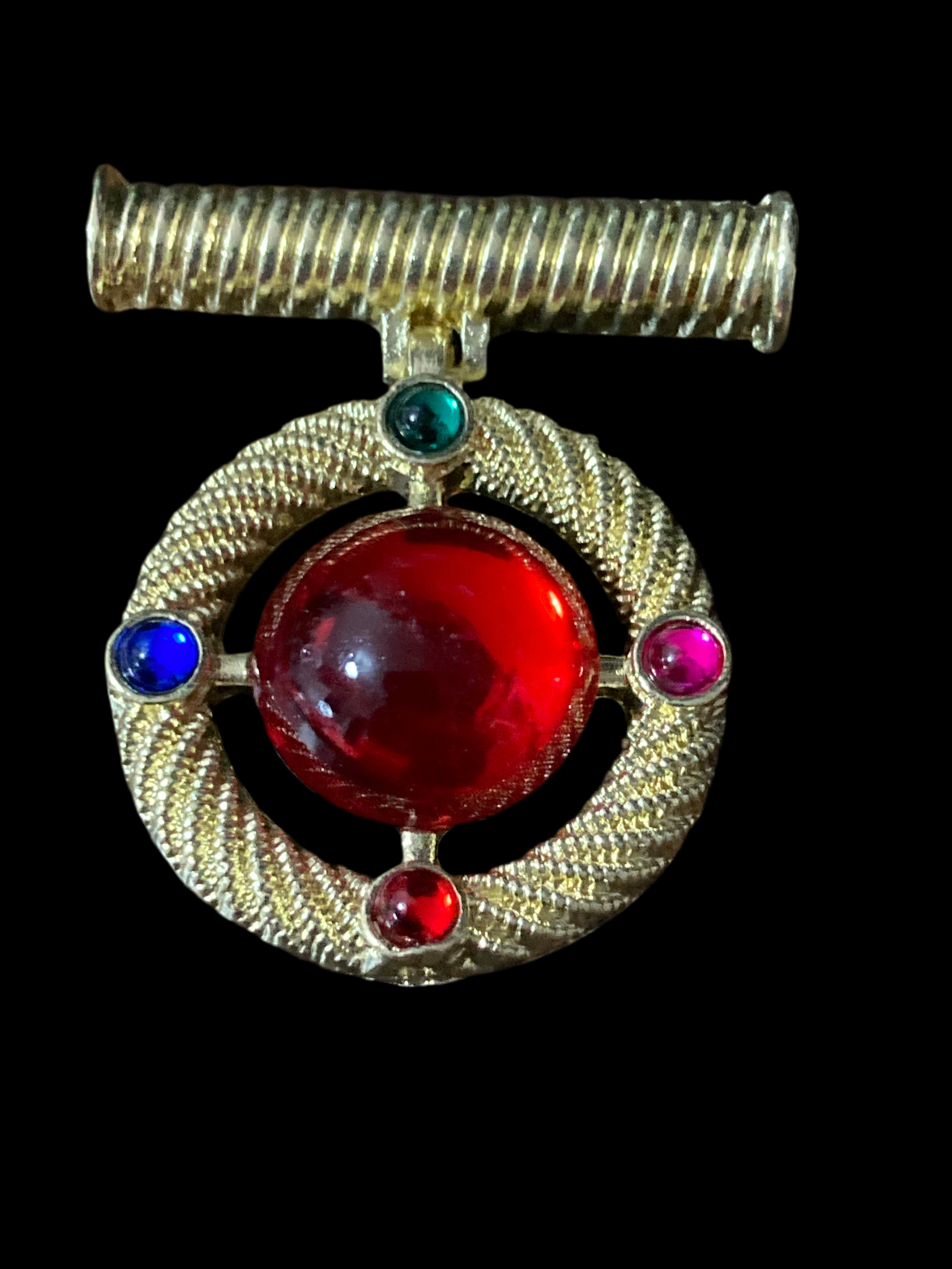 Gold medal ruby glass hanging brooch