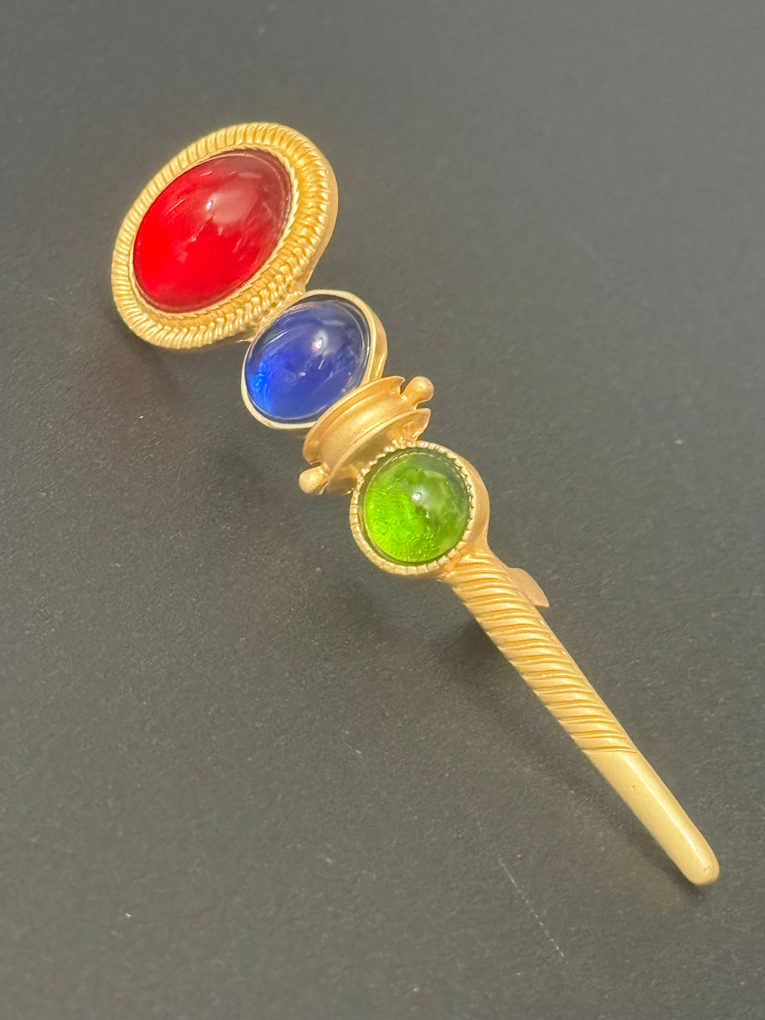 Large red green blue cabochon medieval bar brooch Gripoix style