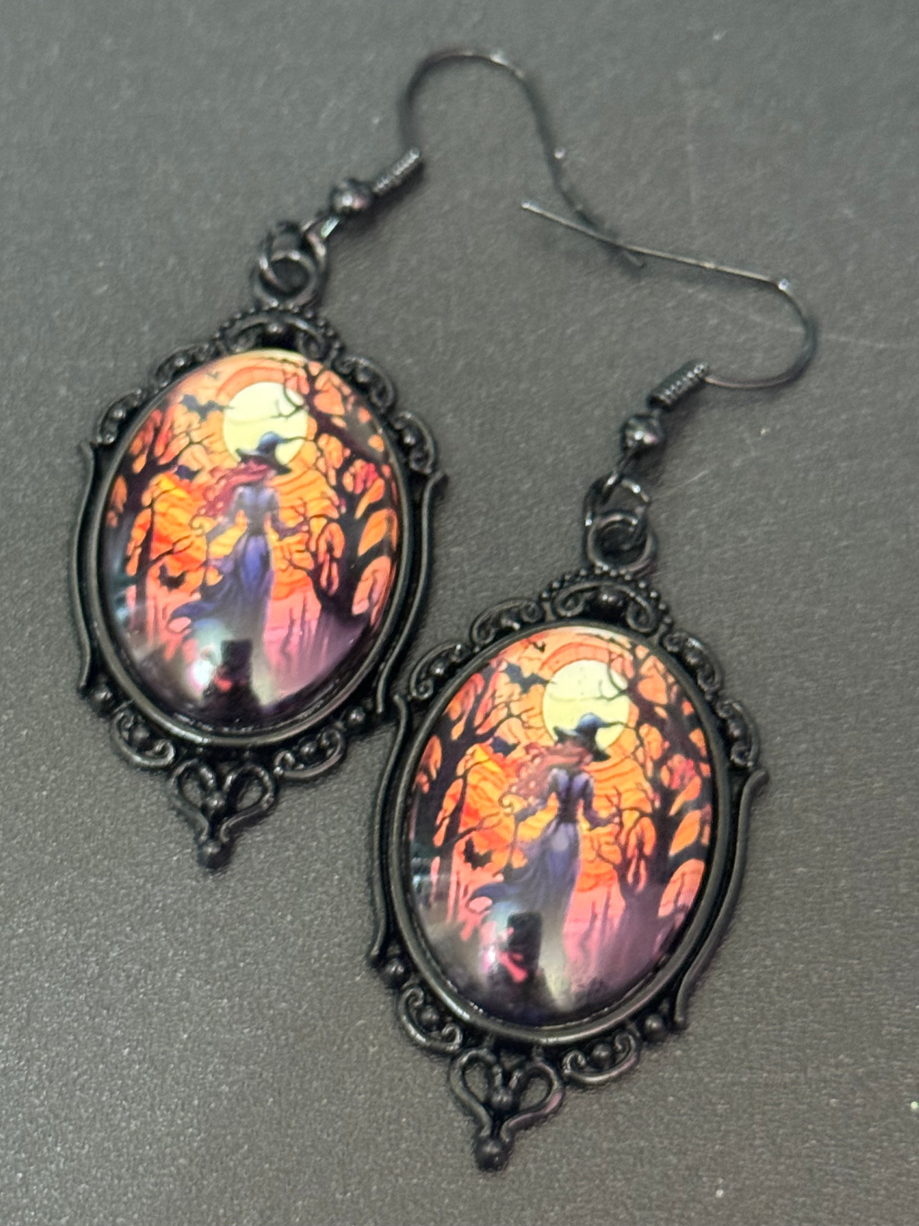 Spooky witches glass cabochon black gothic dangly Halloween earrings pierced