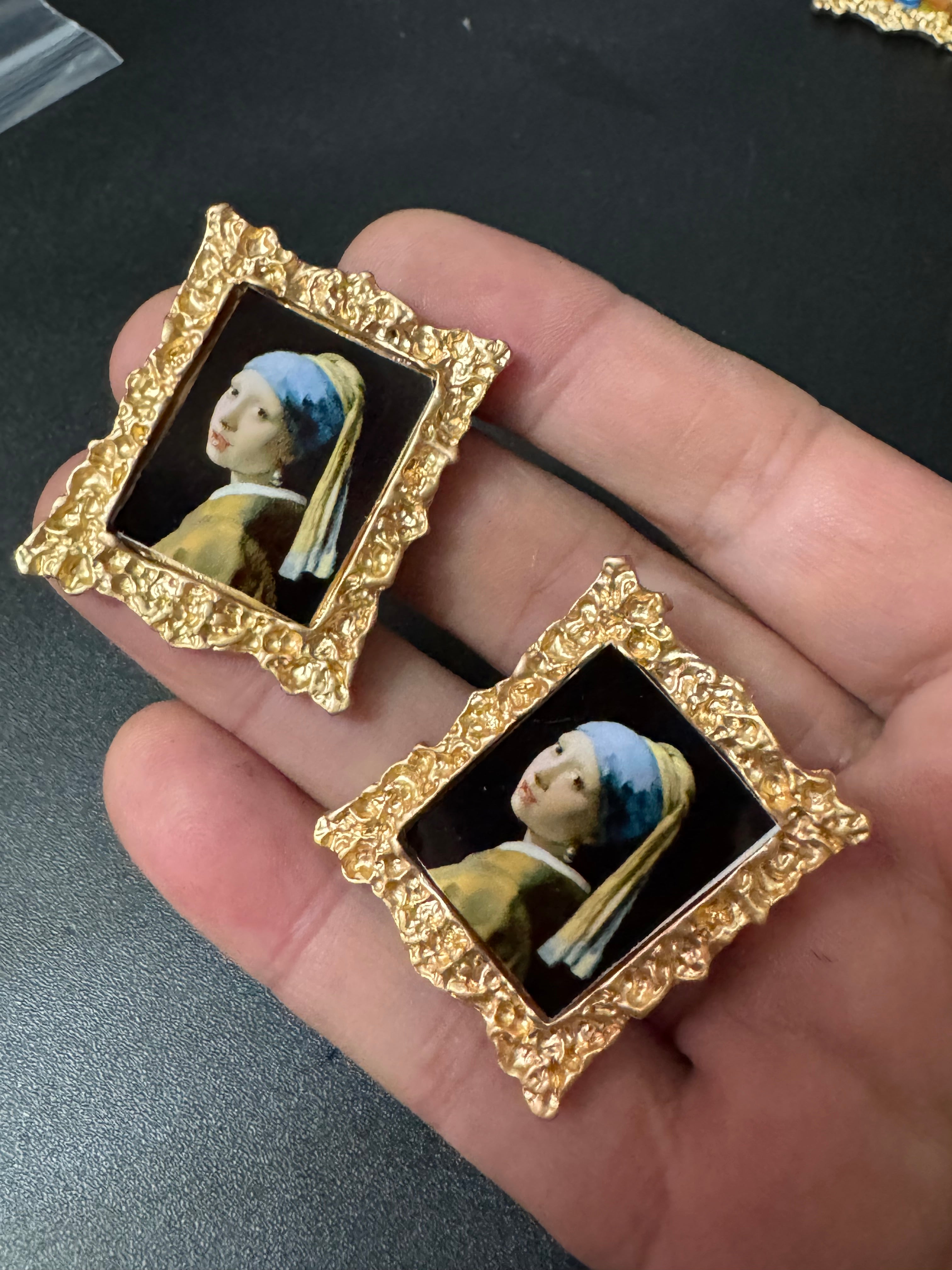 Novelty great masters pairings oversized gold framed portrait earrings