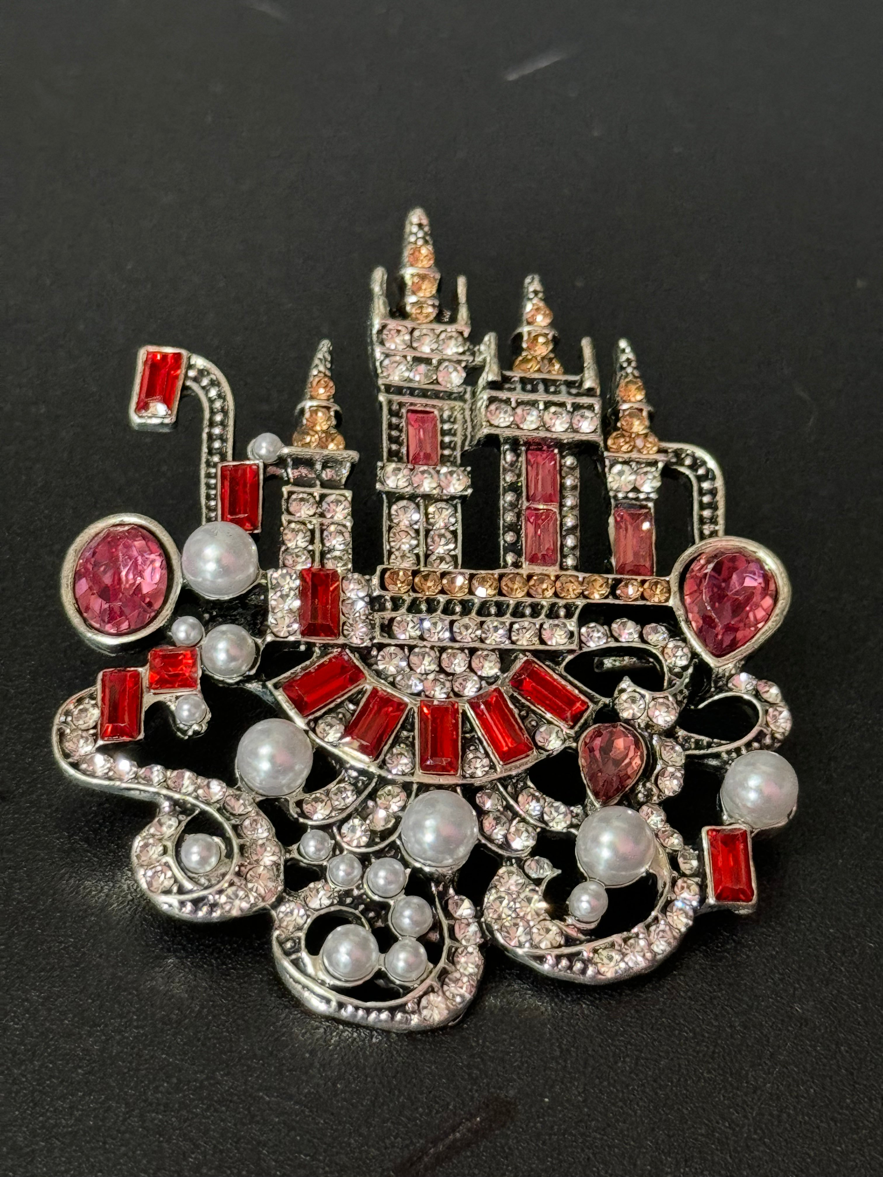 Pink Fairy princess castle brooch Crystal diamanté