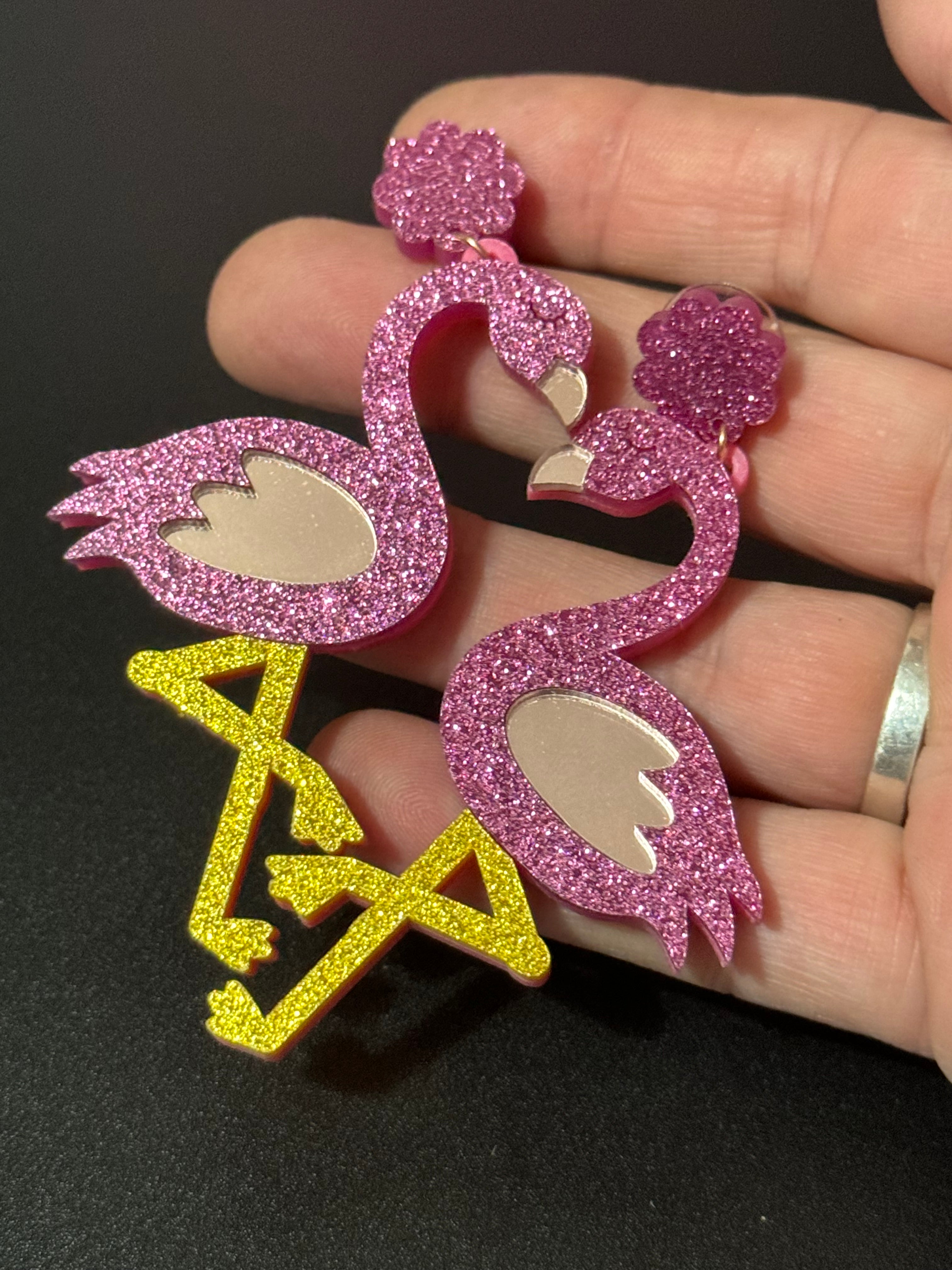 Oversized bright pink glittery flamingo earrings acrylic