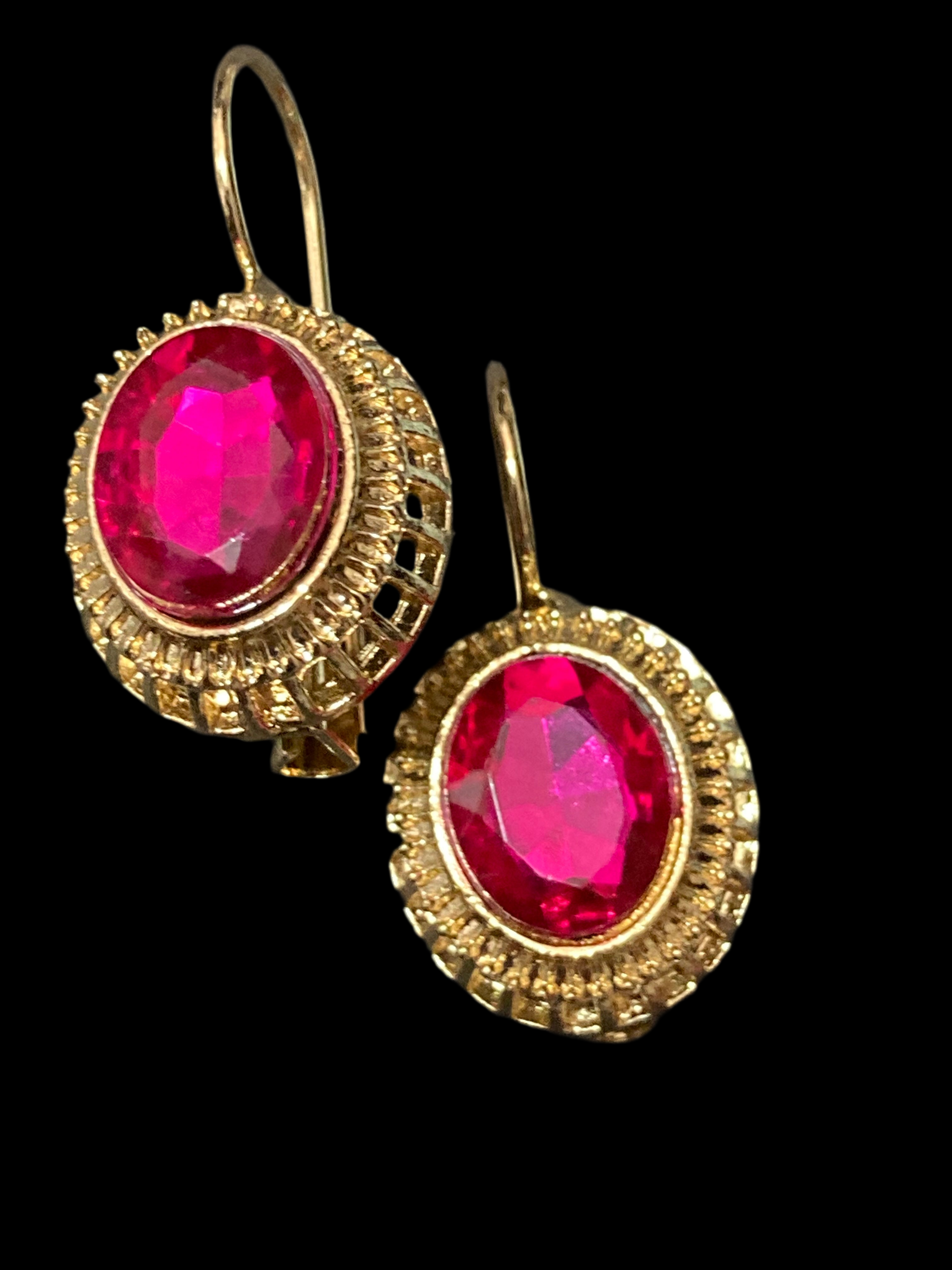 Gold tone hot pink glass diamanté drop earrings Victorian style