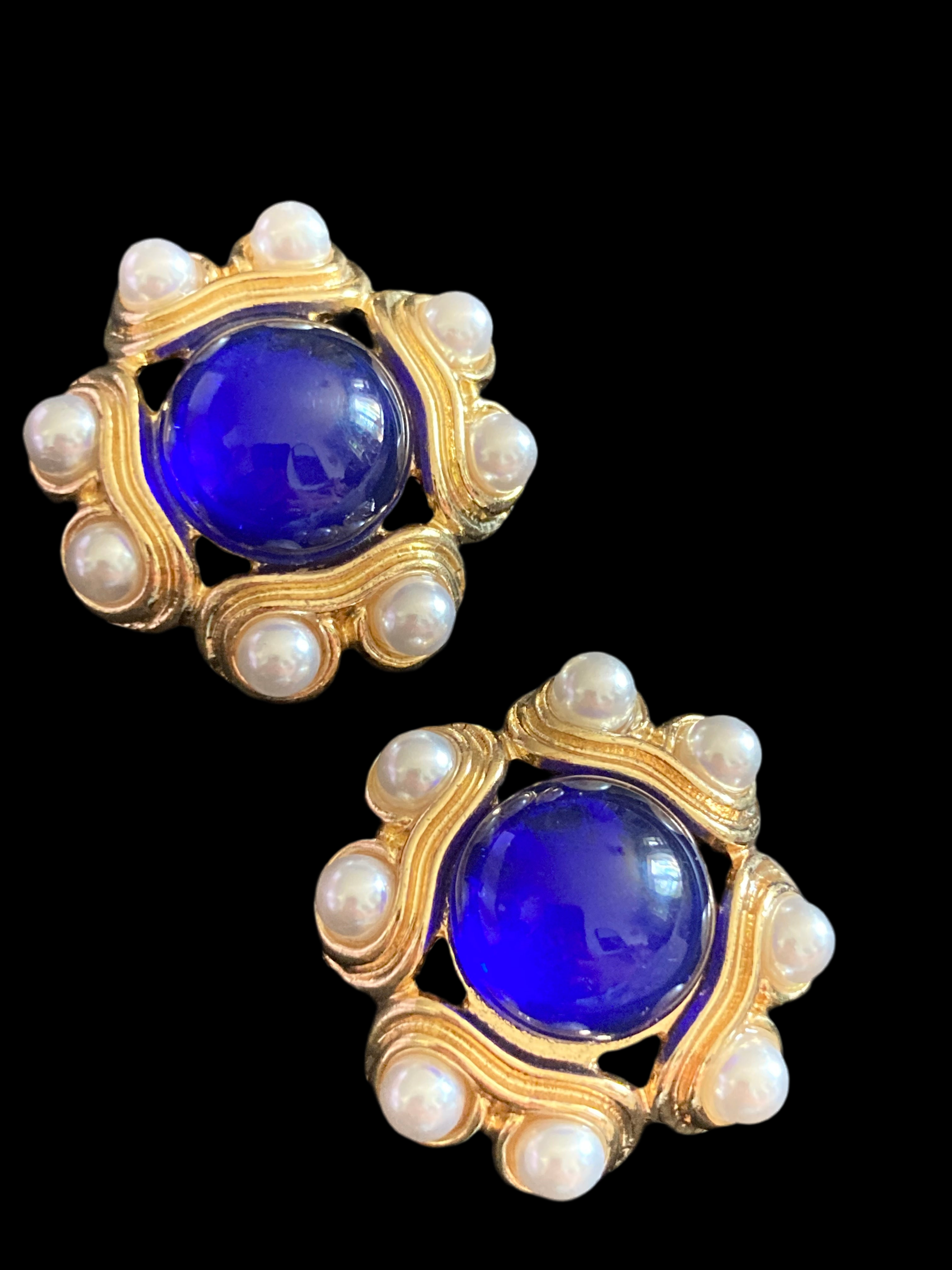 gold sapphire blue faux pearl gripoix style cabochon round pierced stud earrings