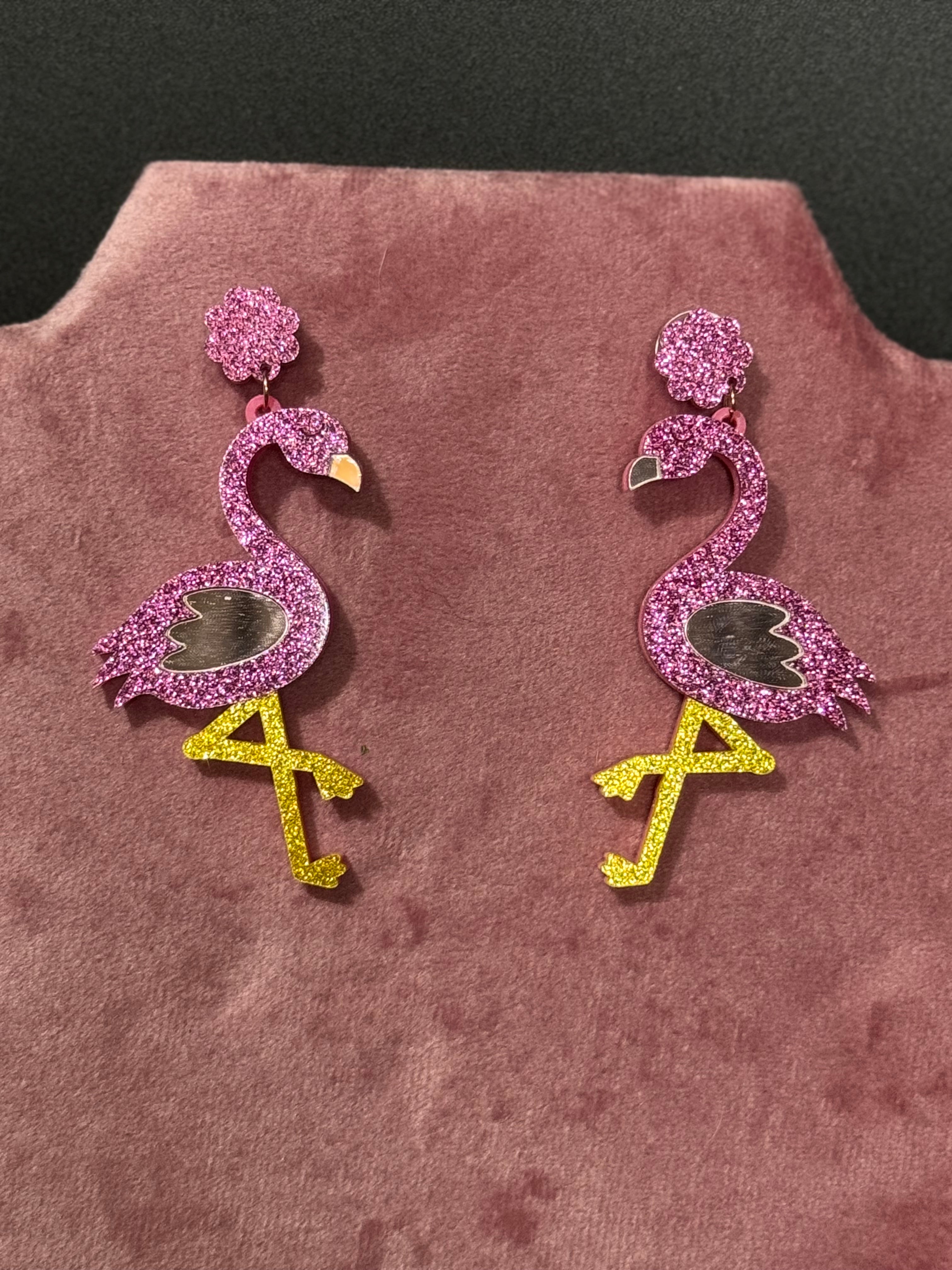 Oversized bright pink glittery flamingo earrings acrylic