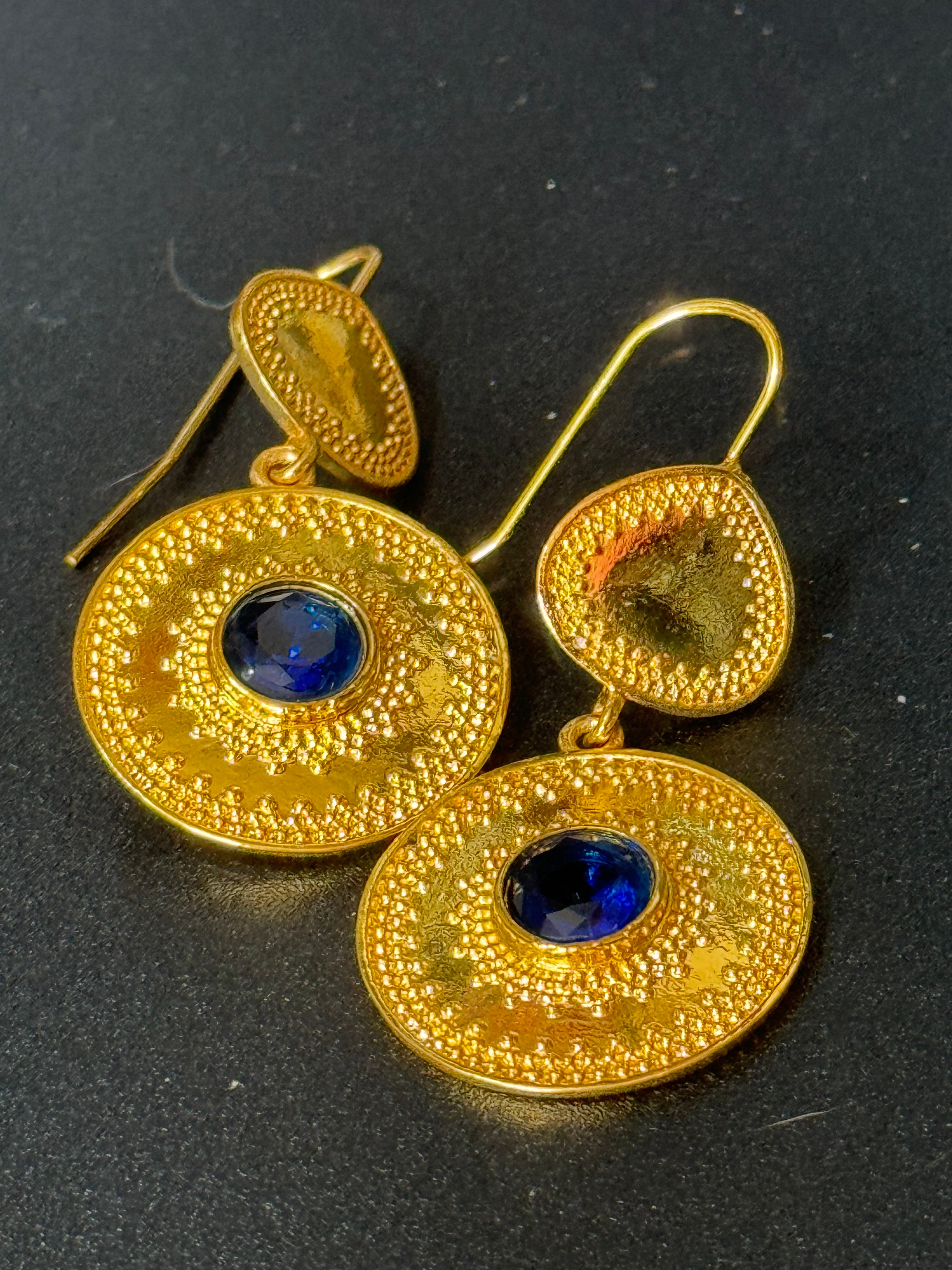 Etruscan gold tone sapphire blue diamanté disc pierced drop earrings