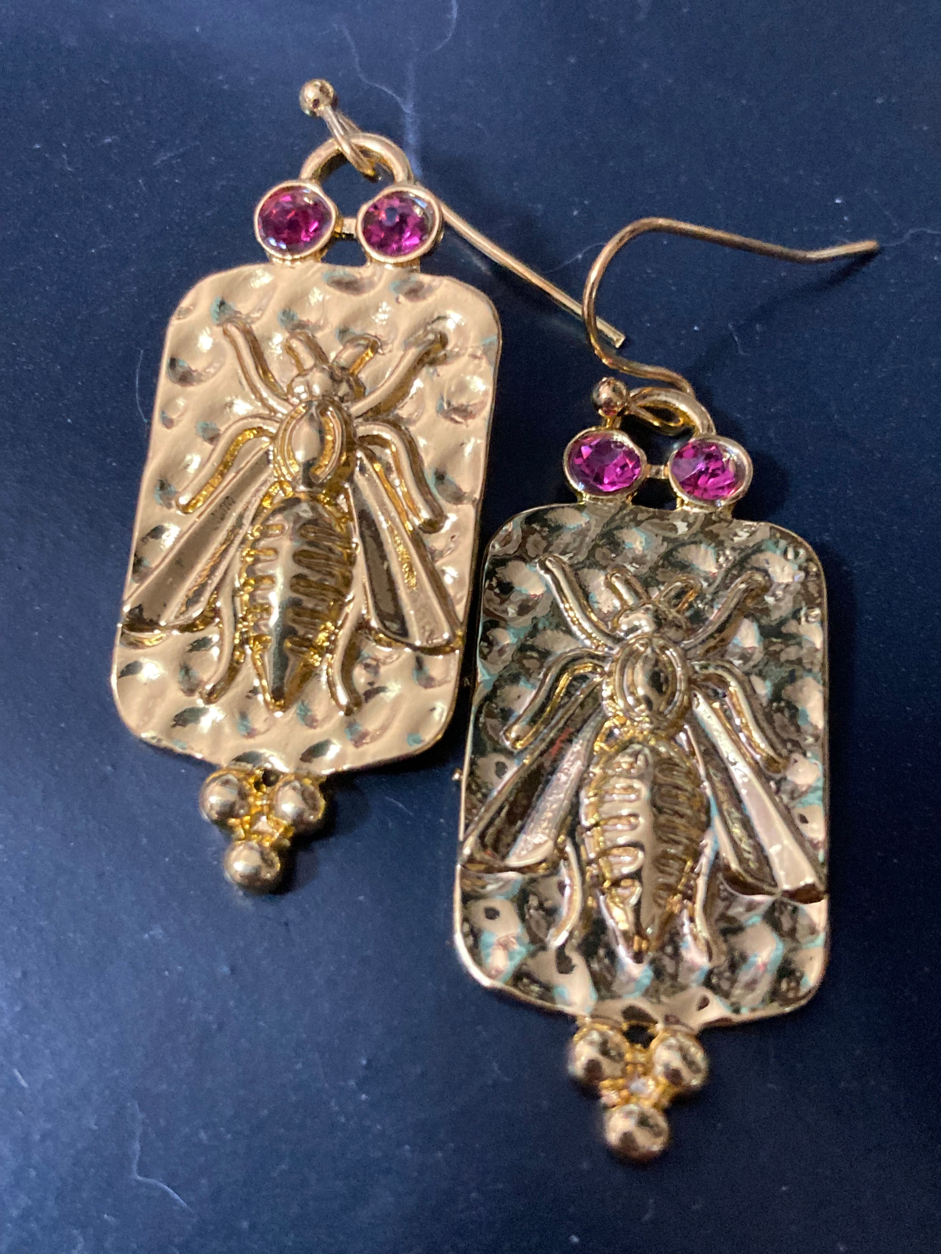 Etruscan style gold panel drop pink crystal bee earrings